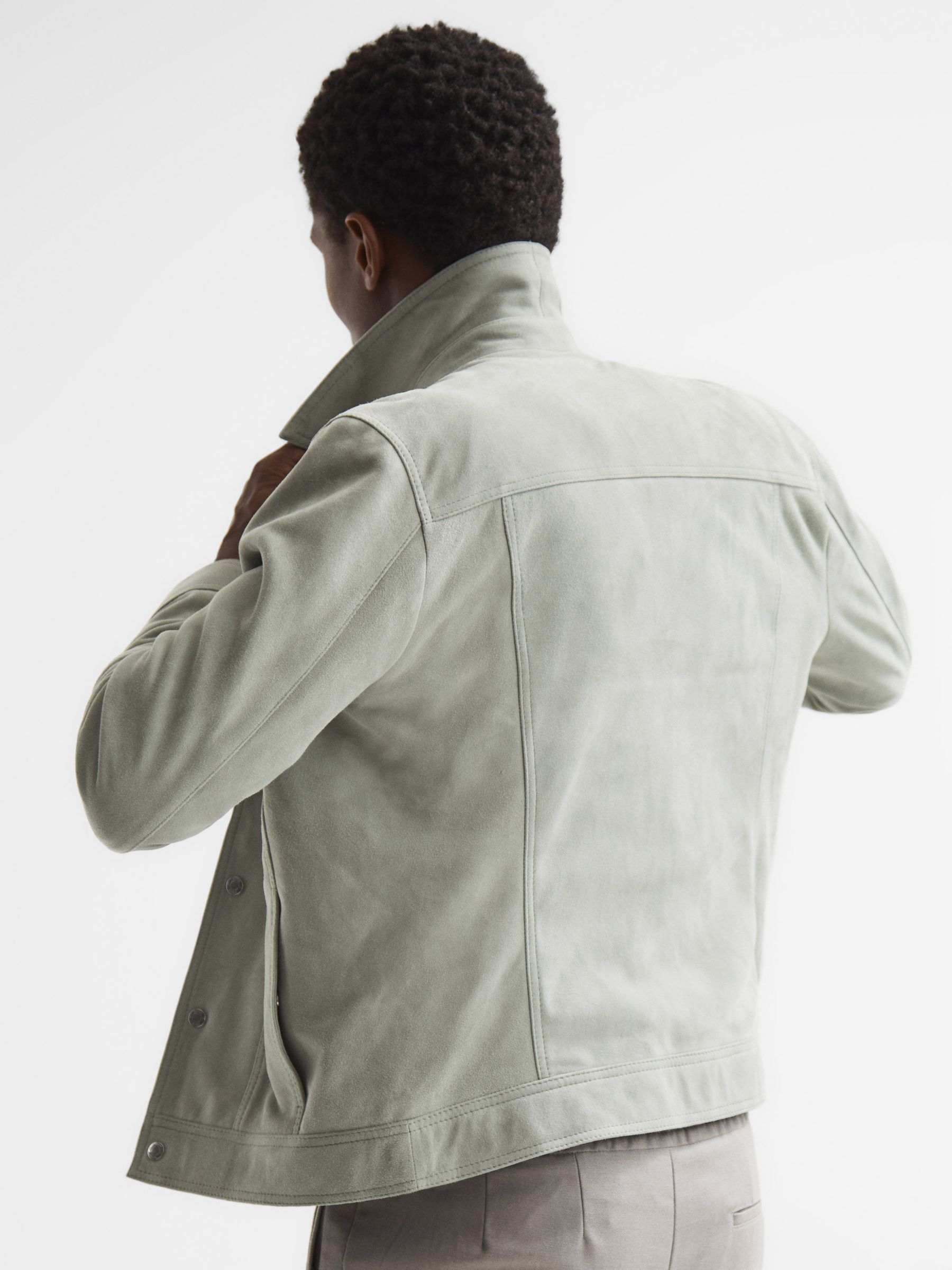 Suede Button-Through Trucker Jacket in Sage - Image 5 of 6