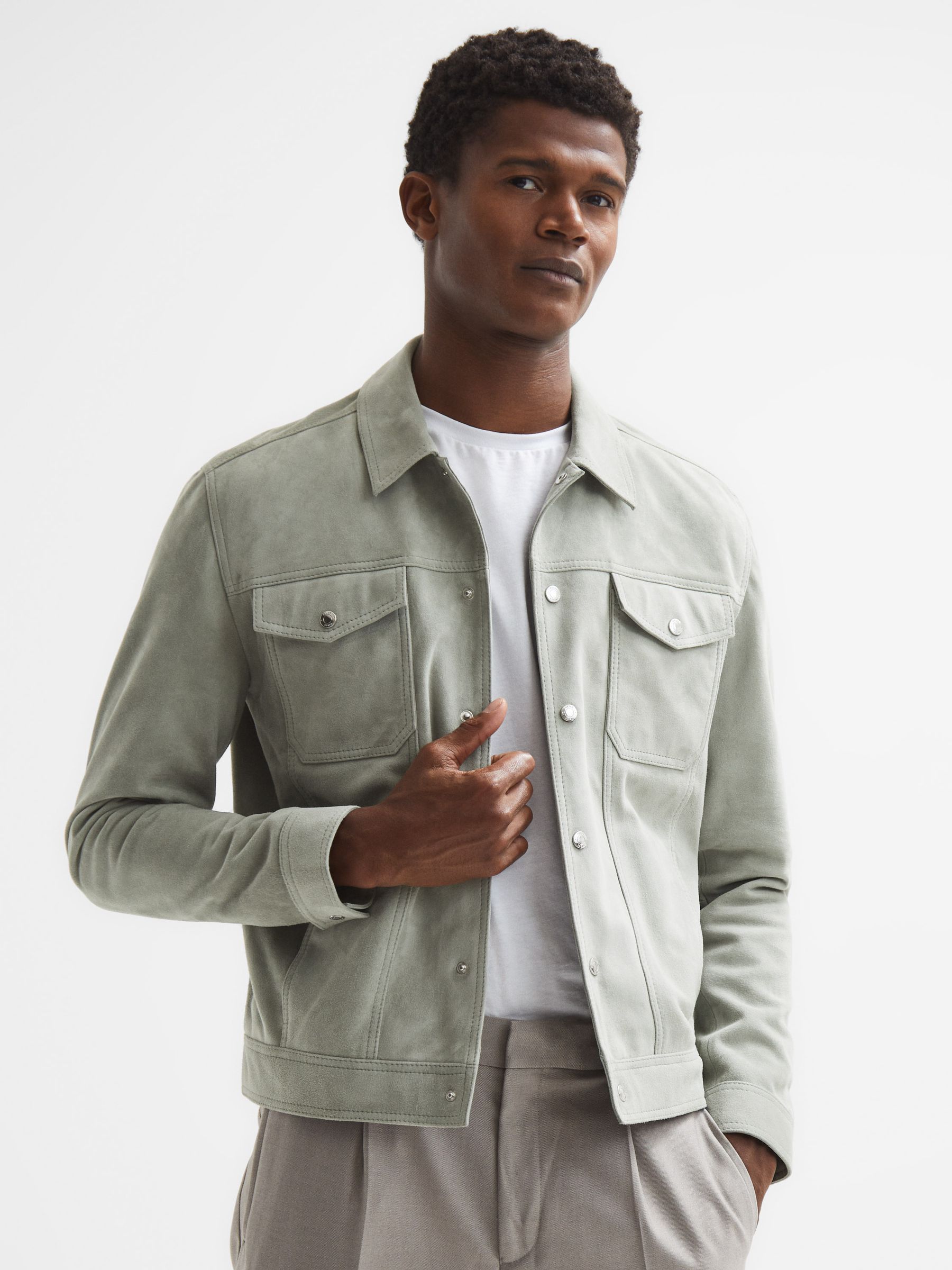 Suede Button-Through Trucker Jacket in Sage - Image 6 of 6