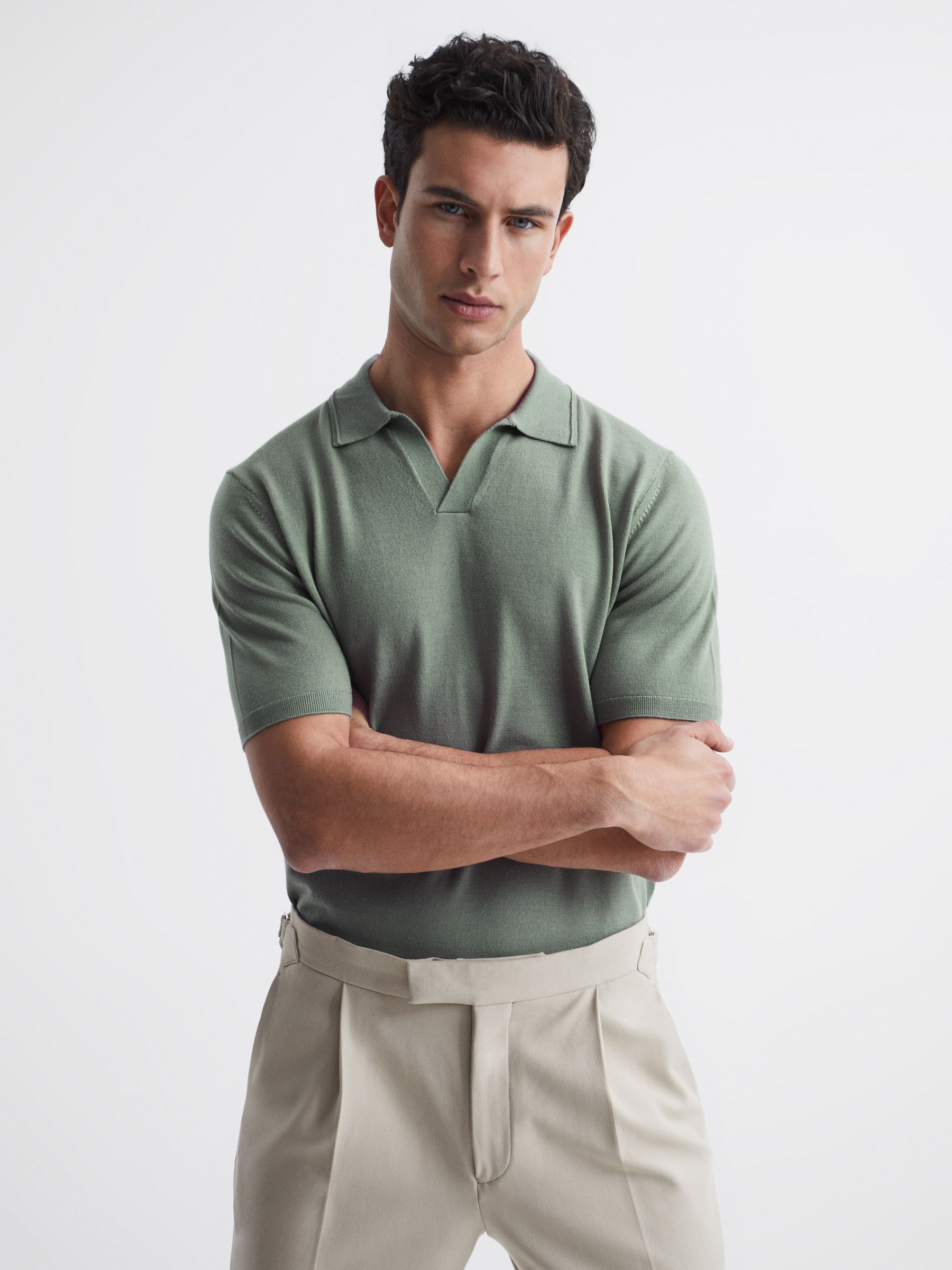 Merino Wool Open Collar Polo Shirt in Kale - Image 1 of 6