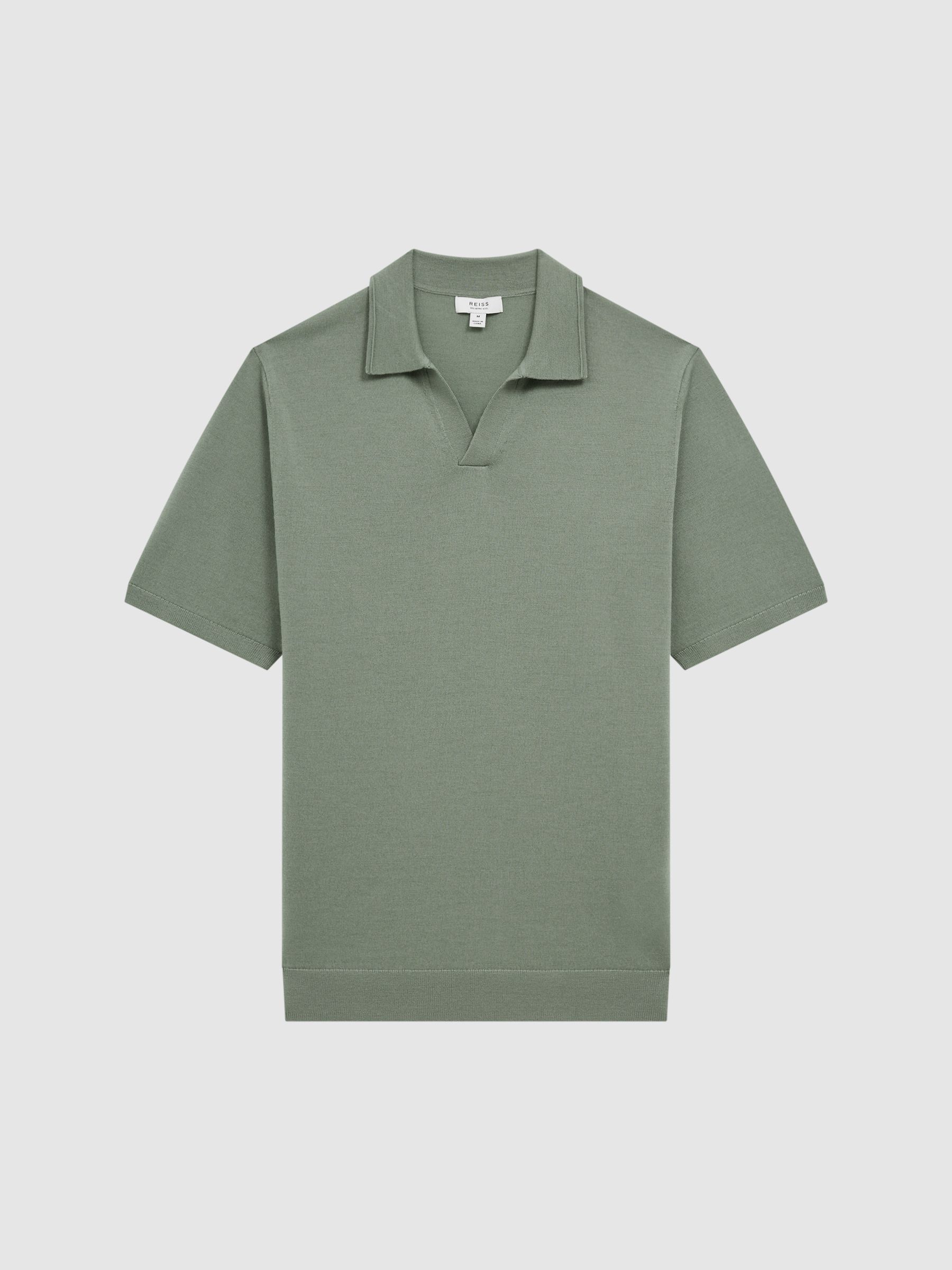 Merino Wool Open Collar Polo Shirt in Kale - Image 2 of 6