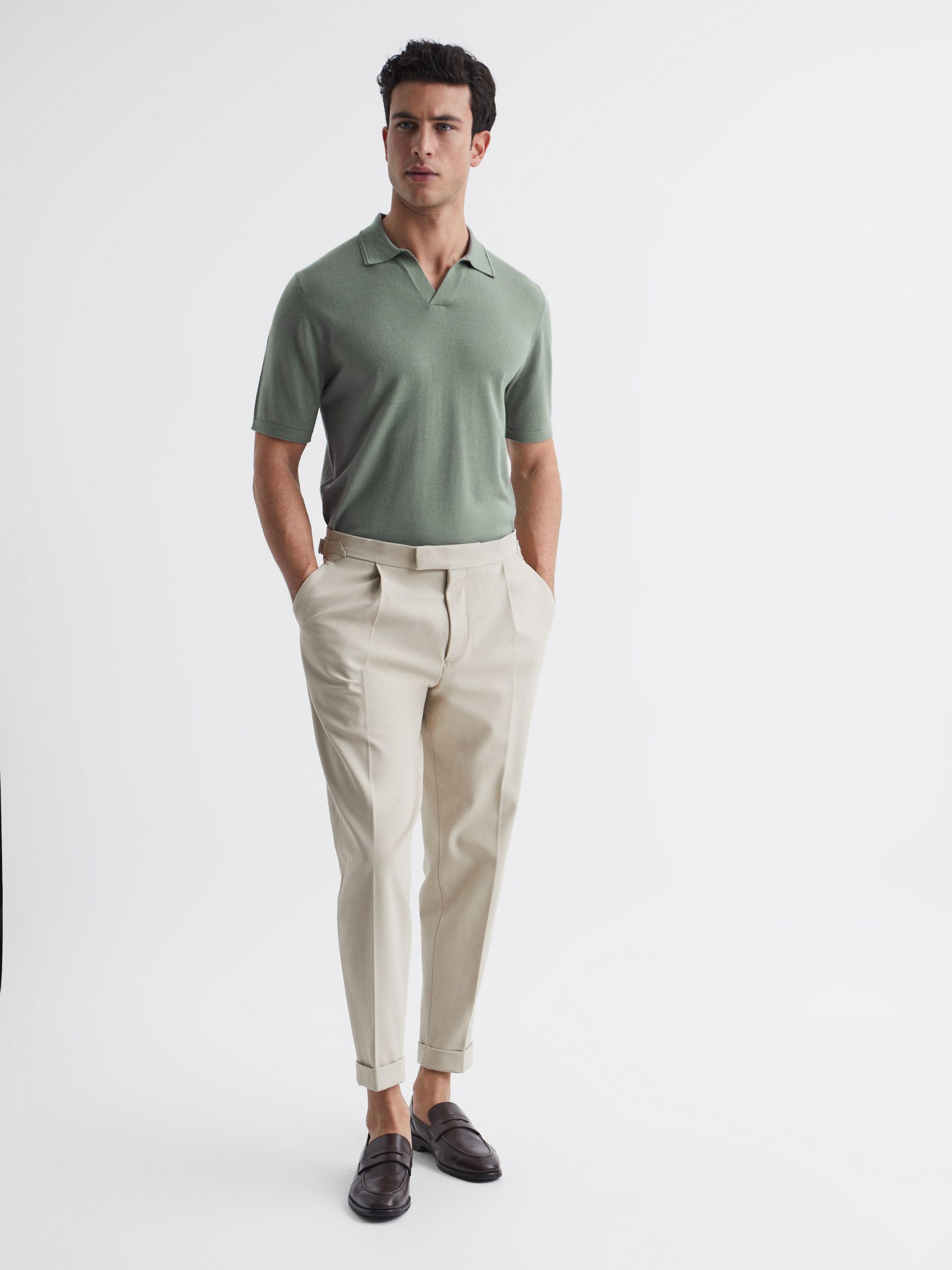 Merino Wool Open Collar Polo Shirt in Kale - Image 3 of 6
