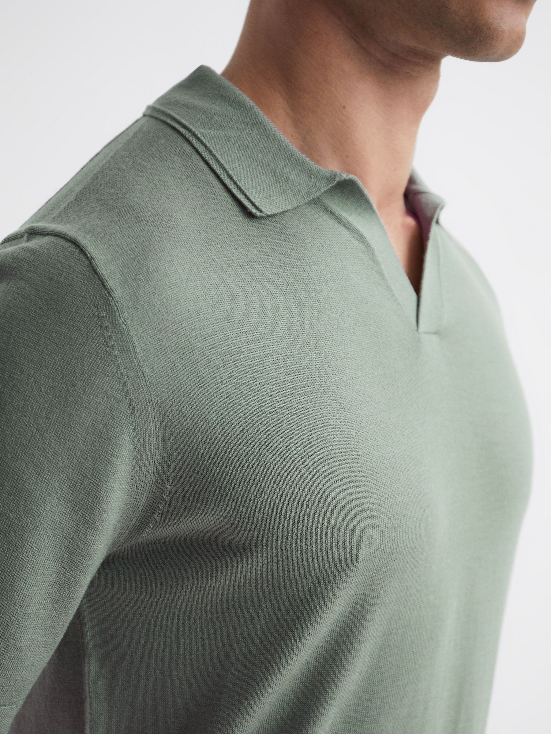 Merino Wool Open Collar Polo Shirt in Kale - Image 4 of 6