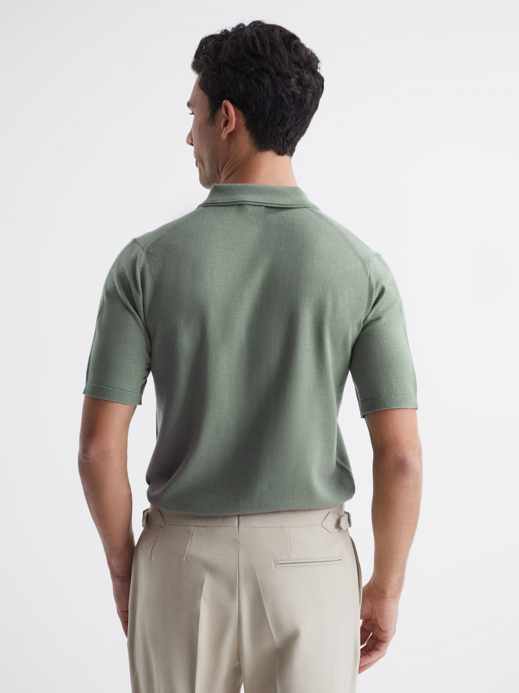 Merino Wool Open Collar Polo Shirt in Kale - Image 5 of 6
