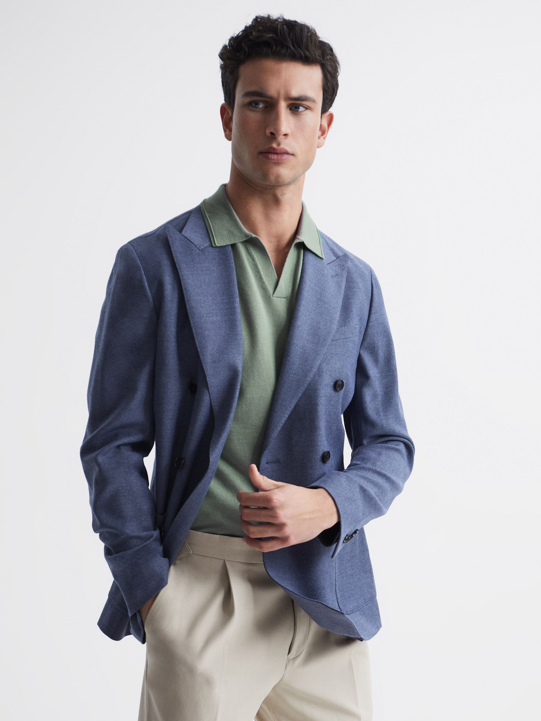 Merino Wool Open Collar Polo Shirt in Kale - Image 6 of 6