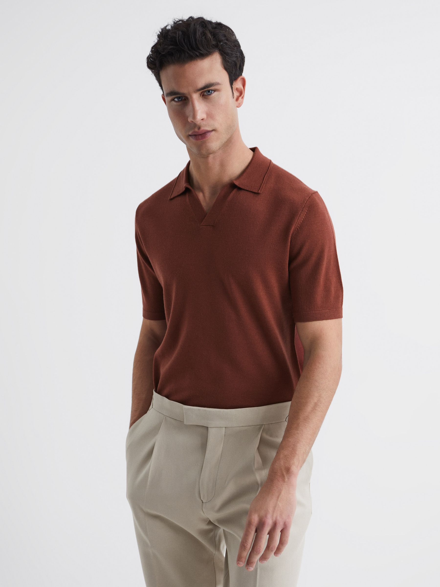 Merino Wool Open Collar Polo Shirt in Russet - Image 1 of 6