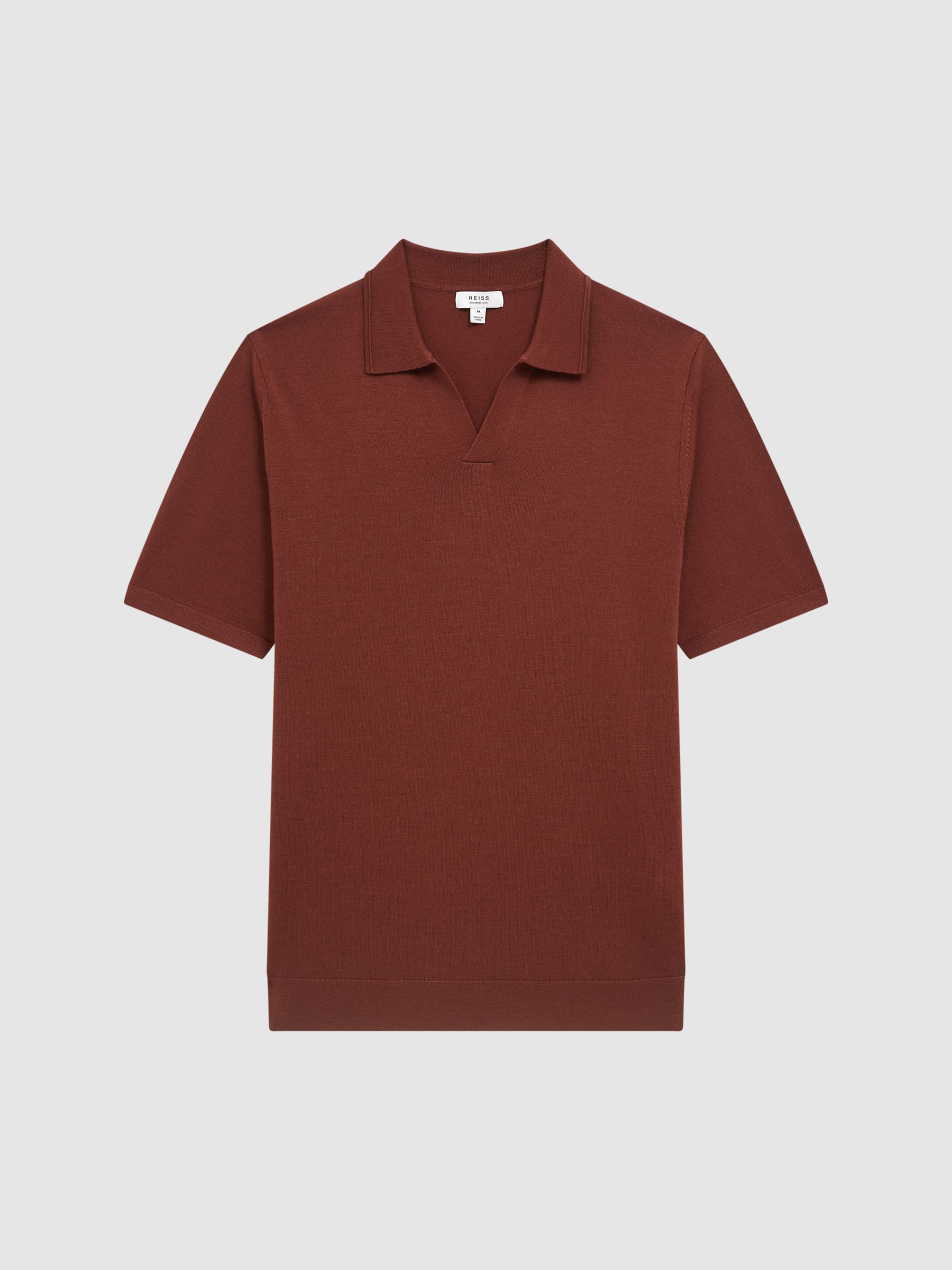 Merino Wool Open Collar Polo Shirt in Russet - Image 2 of 6