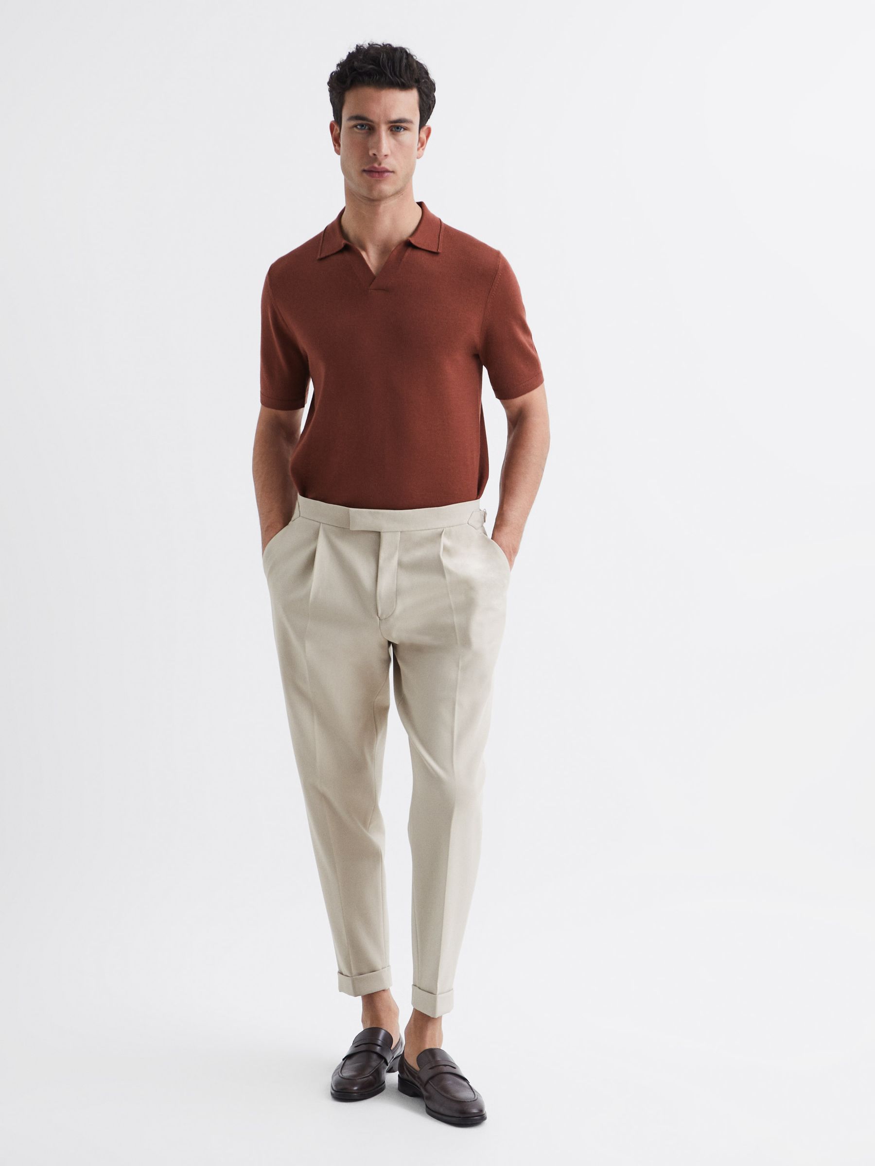 Merino Wool Open Collar Polo Shirt in Russet - Image 3 of 6