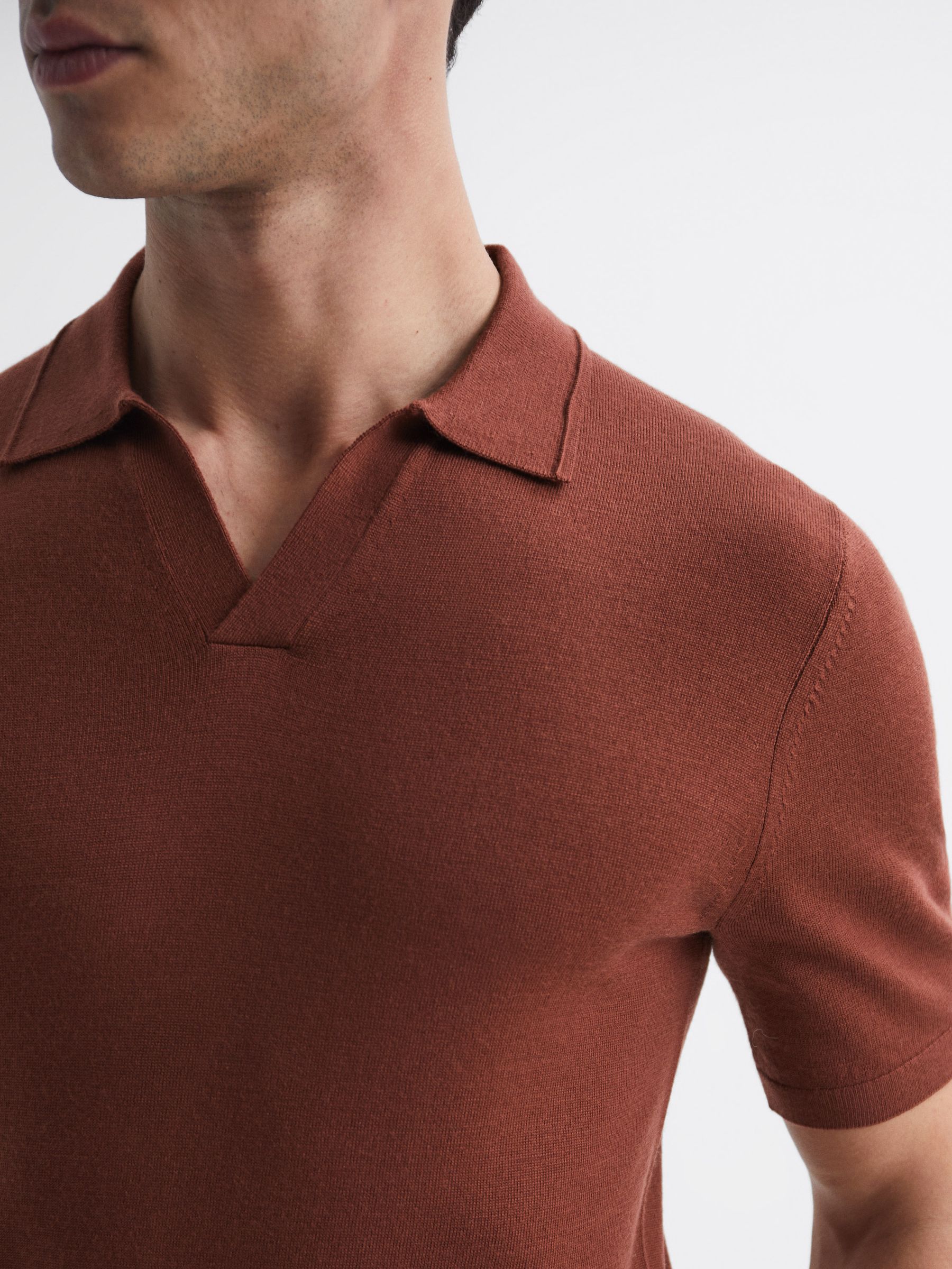 Merino Wool Open Collar Polo Shirt in Russet - Image 4 of 6