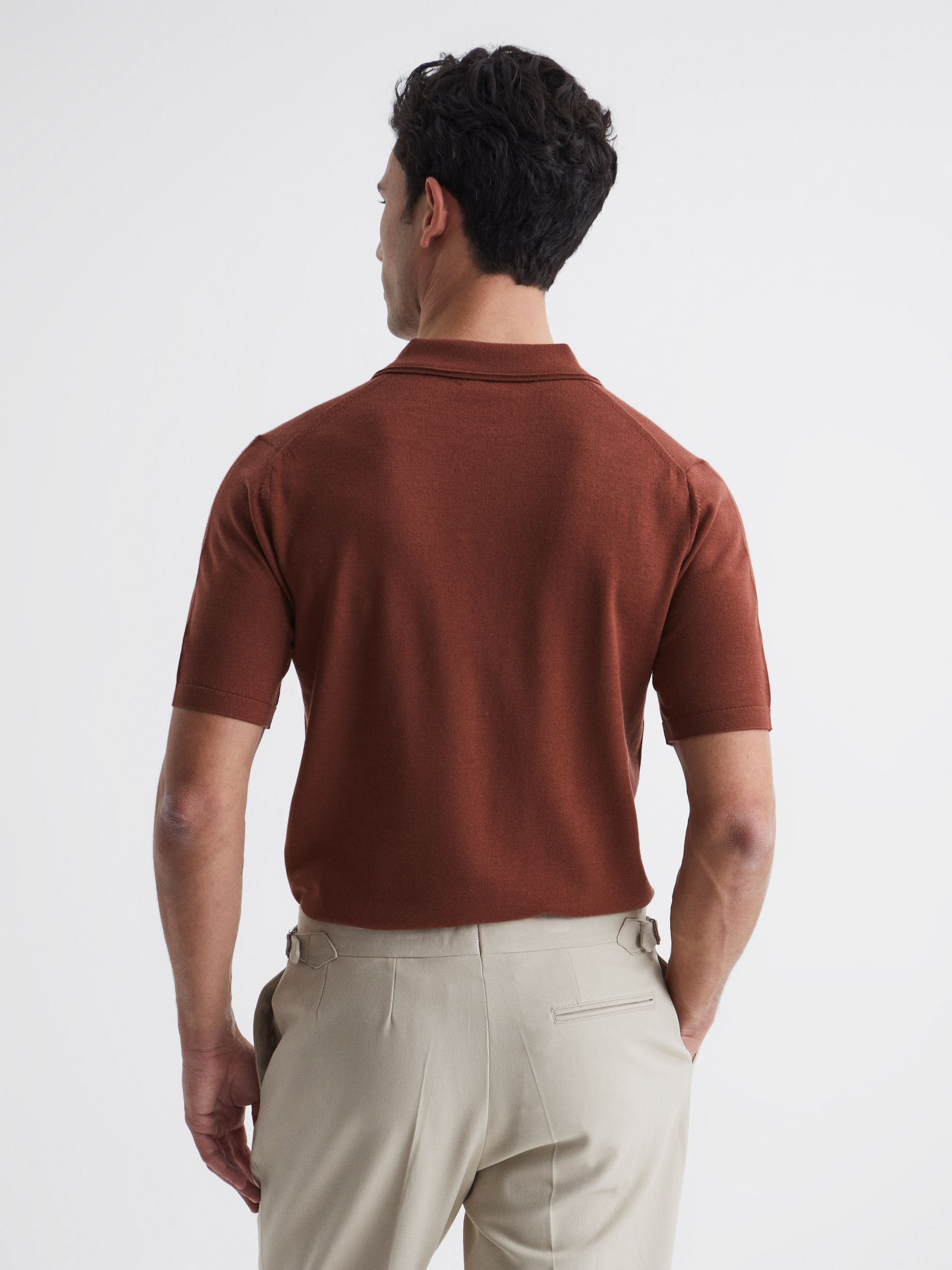 Merino Wool Open Collar Polo Shirt in Russet - Image 5 of 6