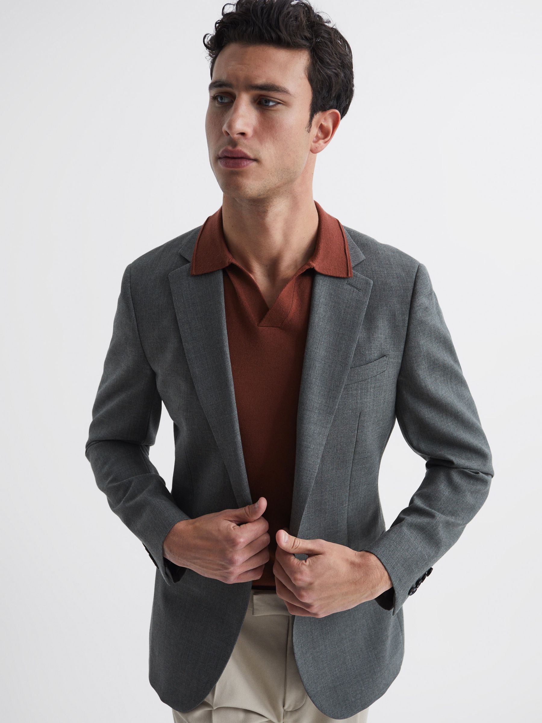 Merino Wool Open Collar Polo Shirt in Russet - Image 6 of 6