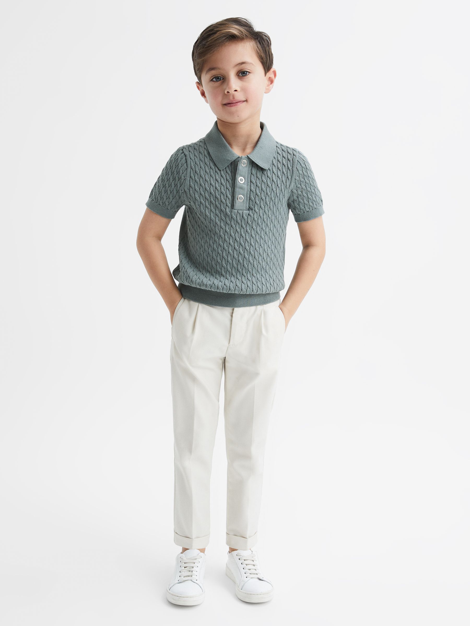 Senior Press Stud Cable Knit Polo Shirt in Dark Sage - Image 1 of 6