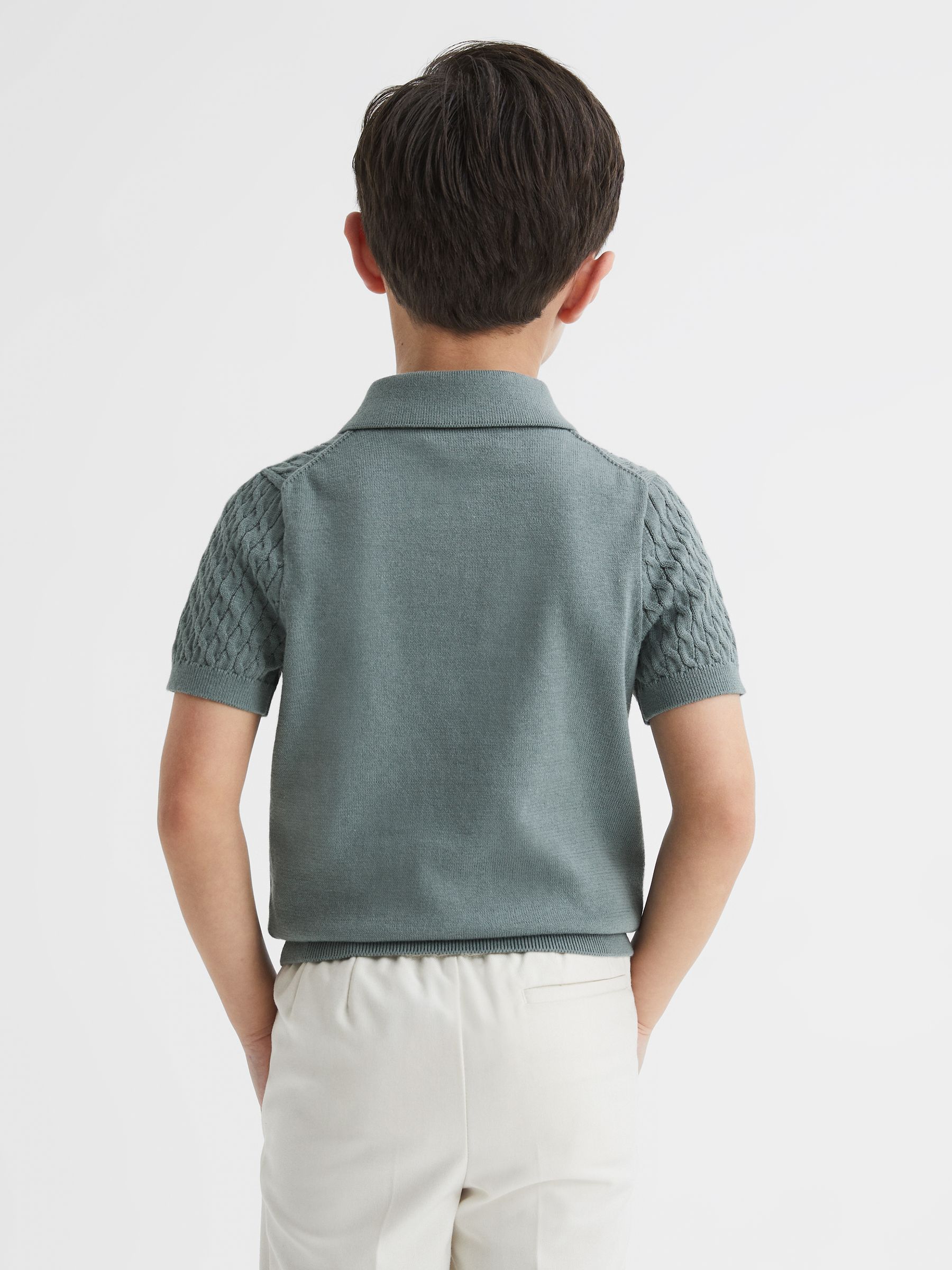 Senior Press Stud Cable Knit Polo Shirt in Dark Sage - Image 5 of 6