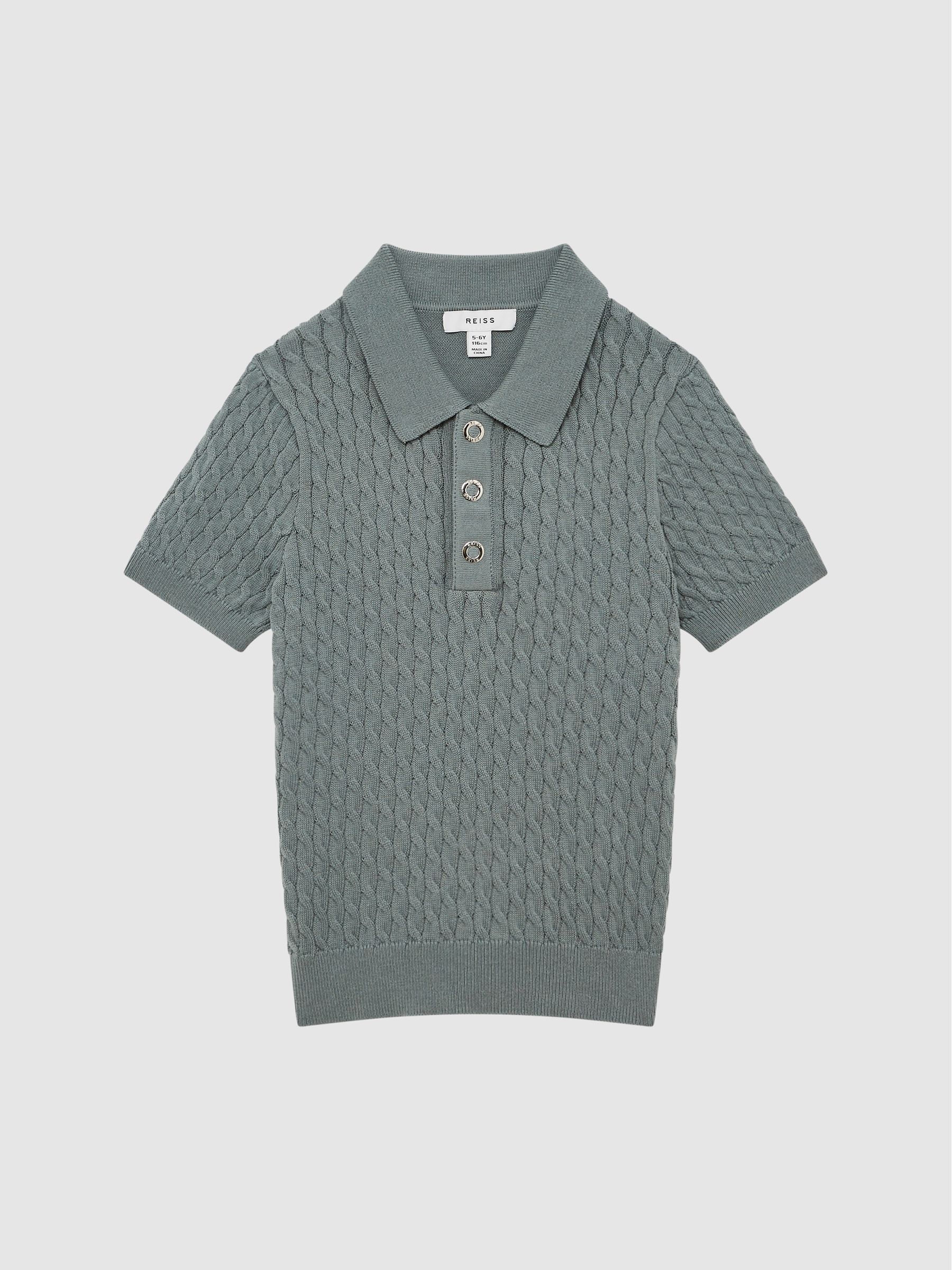 Junior Press Stud Cable Knit Polo Shirt in Dark Sage - Image 2 of 6