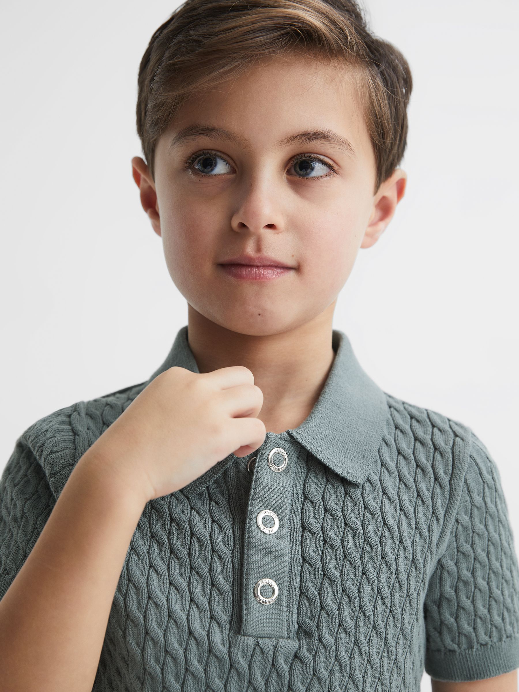 Junior Press Stud Cable Knit Polo Shirt in Dark Sage - Image 4 of 6