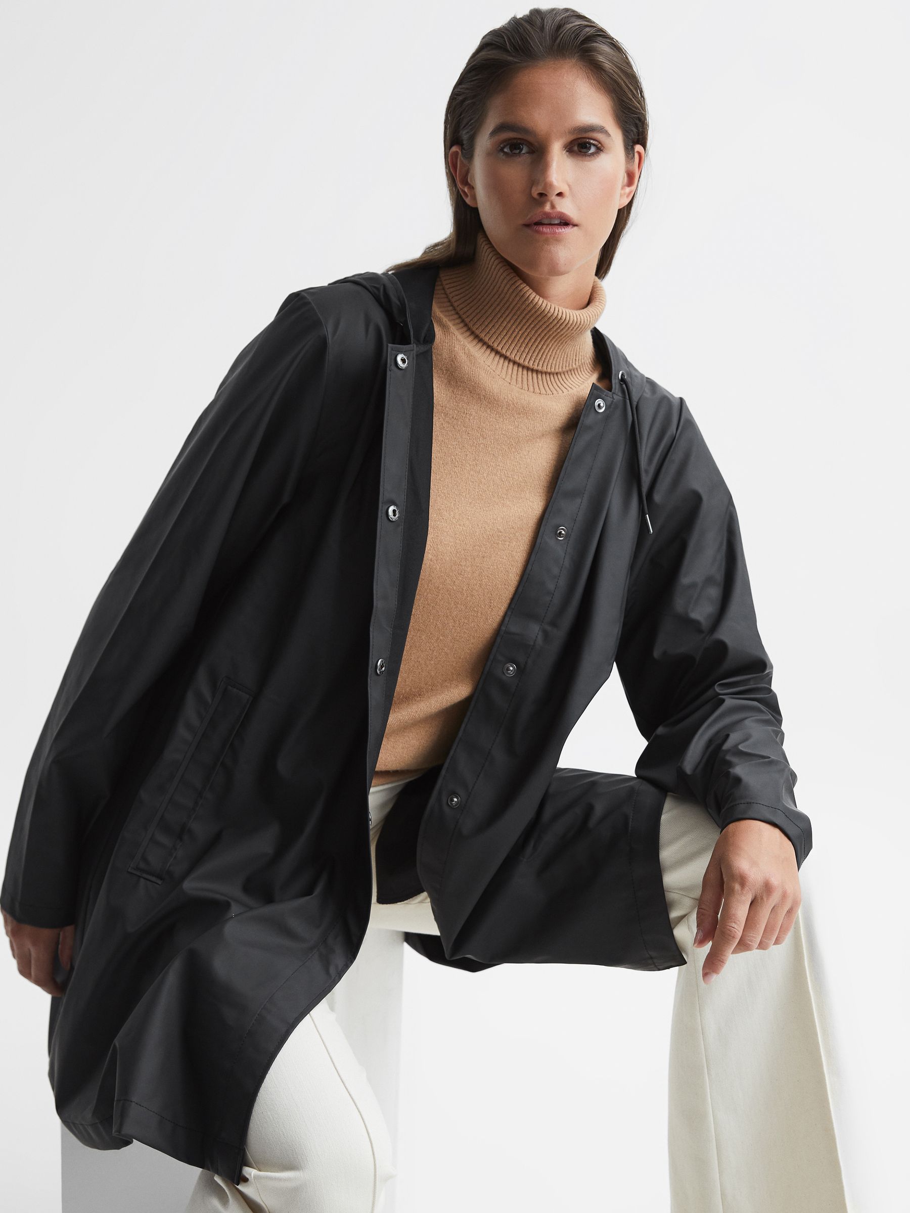 Rains Hooded A-line Jacket in Black - Image 4 of 5