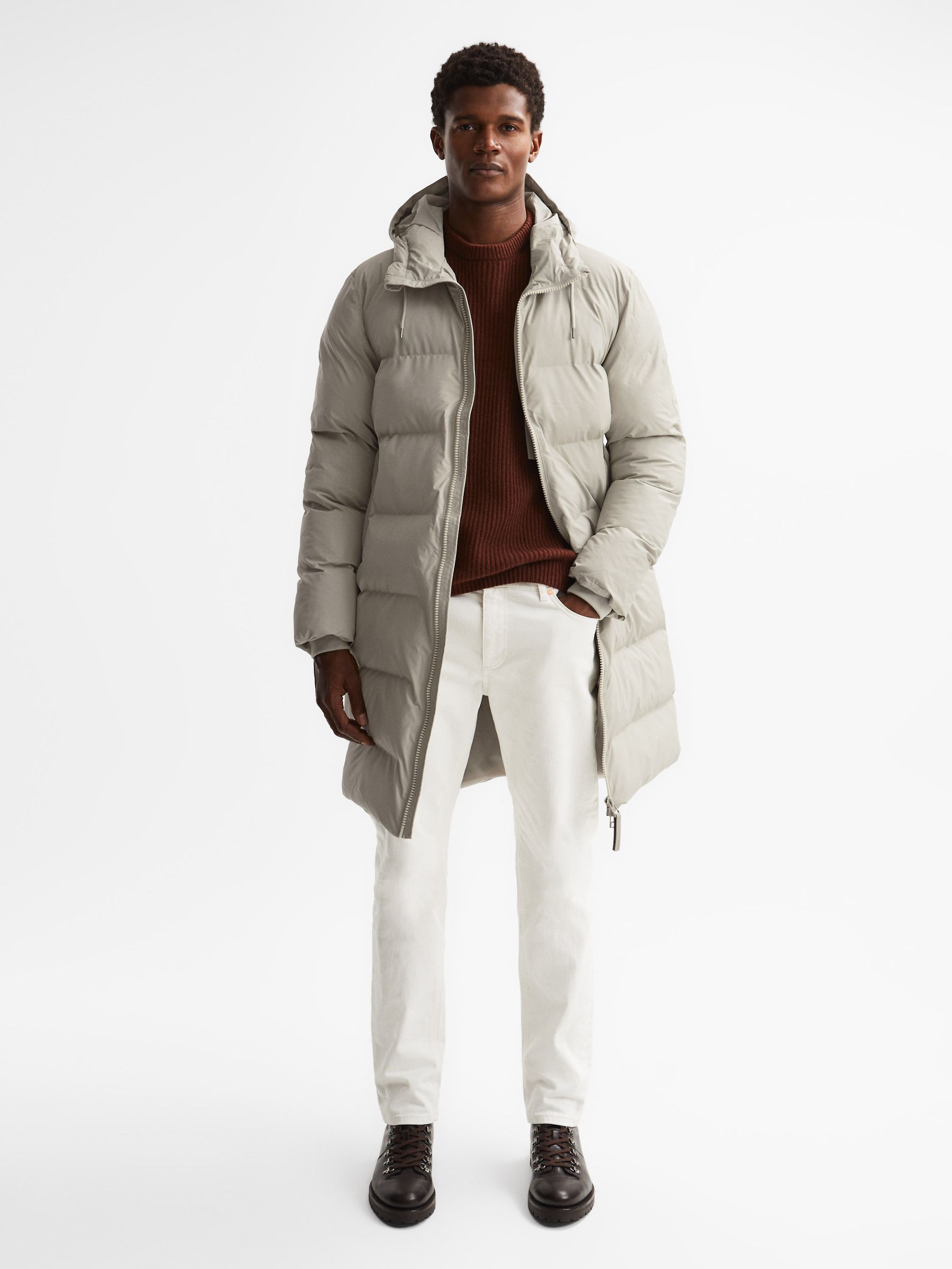 Rains Unisex Hooded Puffer Jacket in Putty - Image 1 of 5