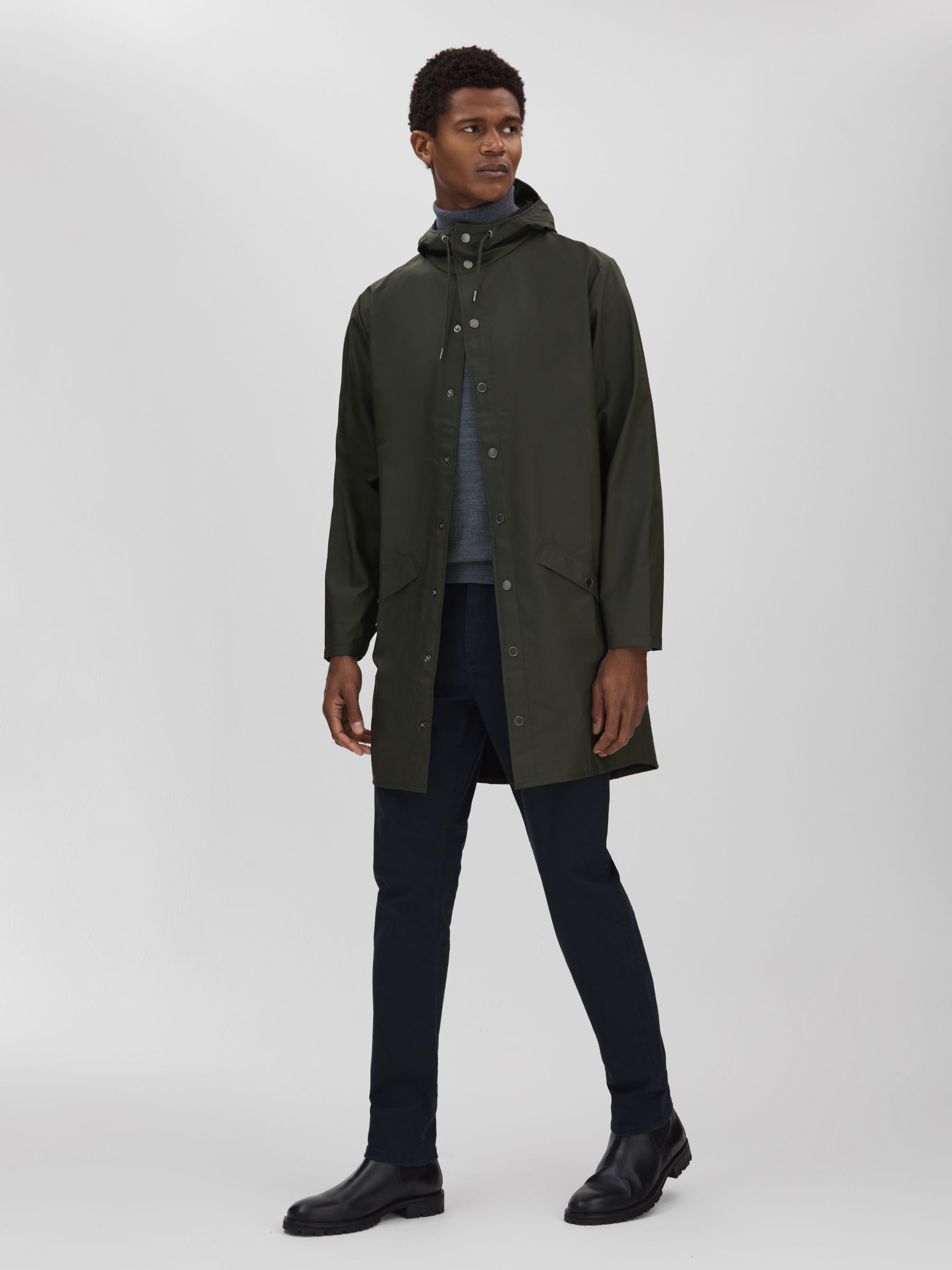 Rains Longline Hooded Raincoat in Dark Green - Image 1 of 6