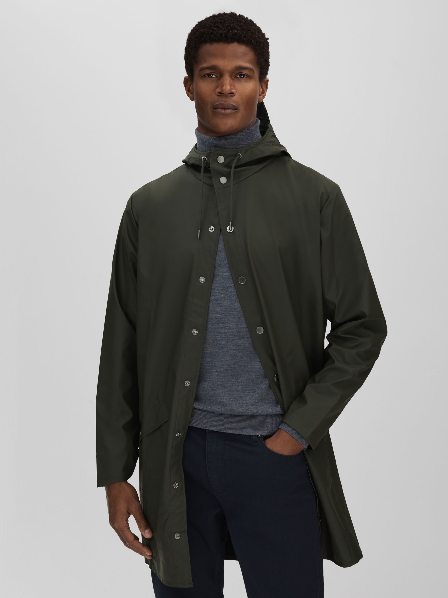 Rains Longline Hooded Raincoat in Dark Green - Image 3 of 6