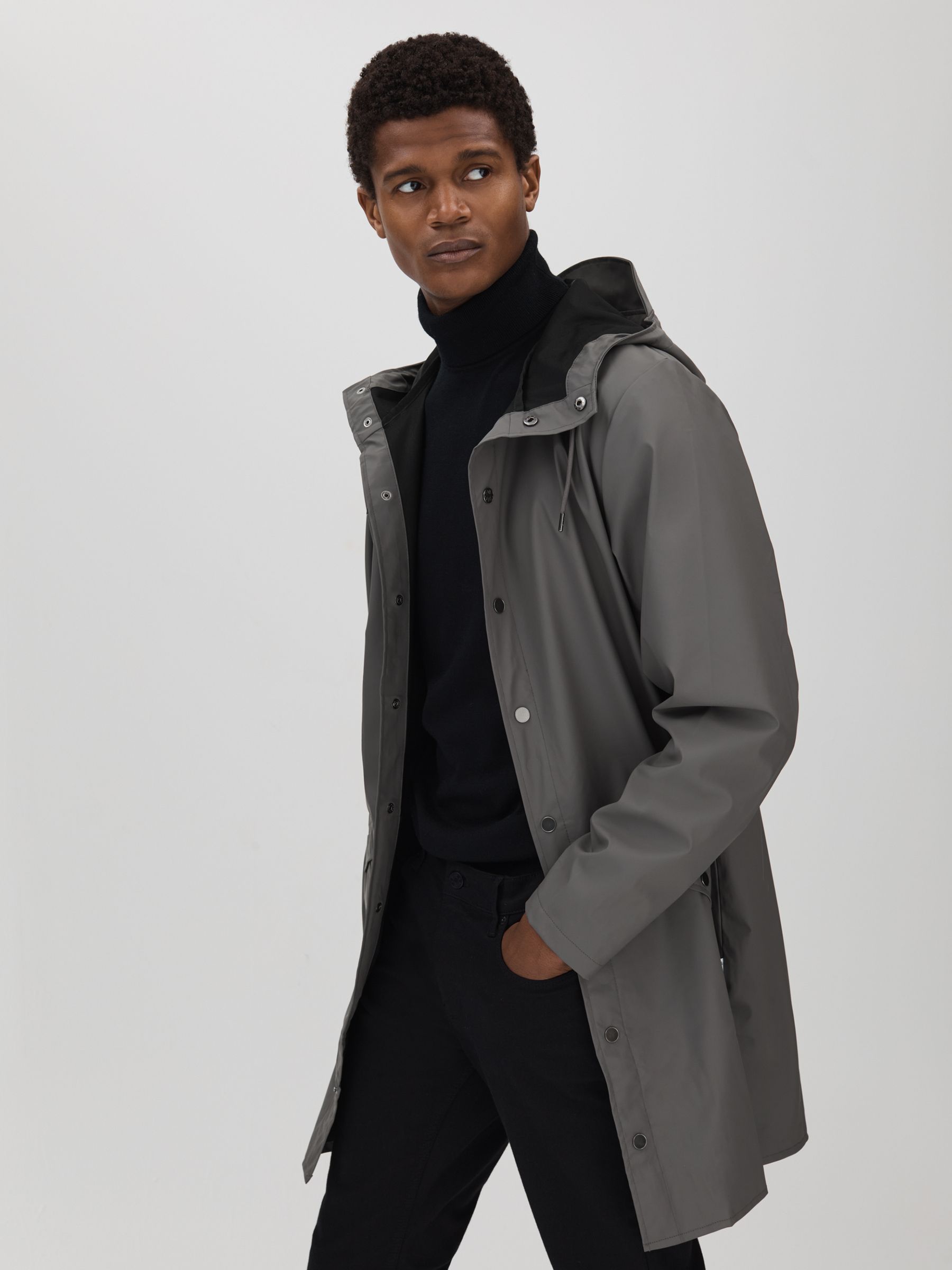 Rains Longline Hooded Raincoat in Slate - Image 3 of 5