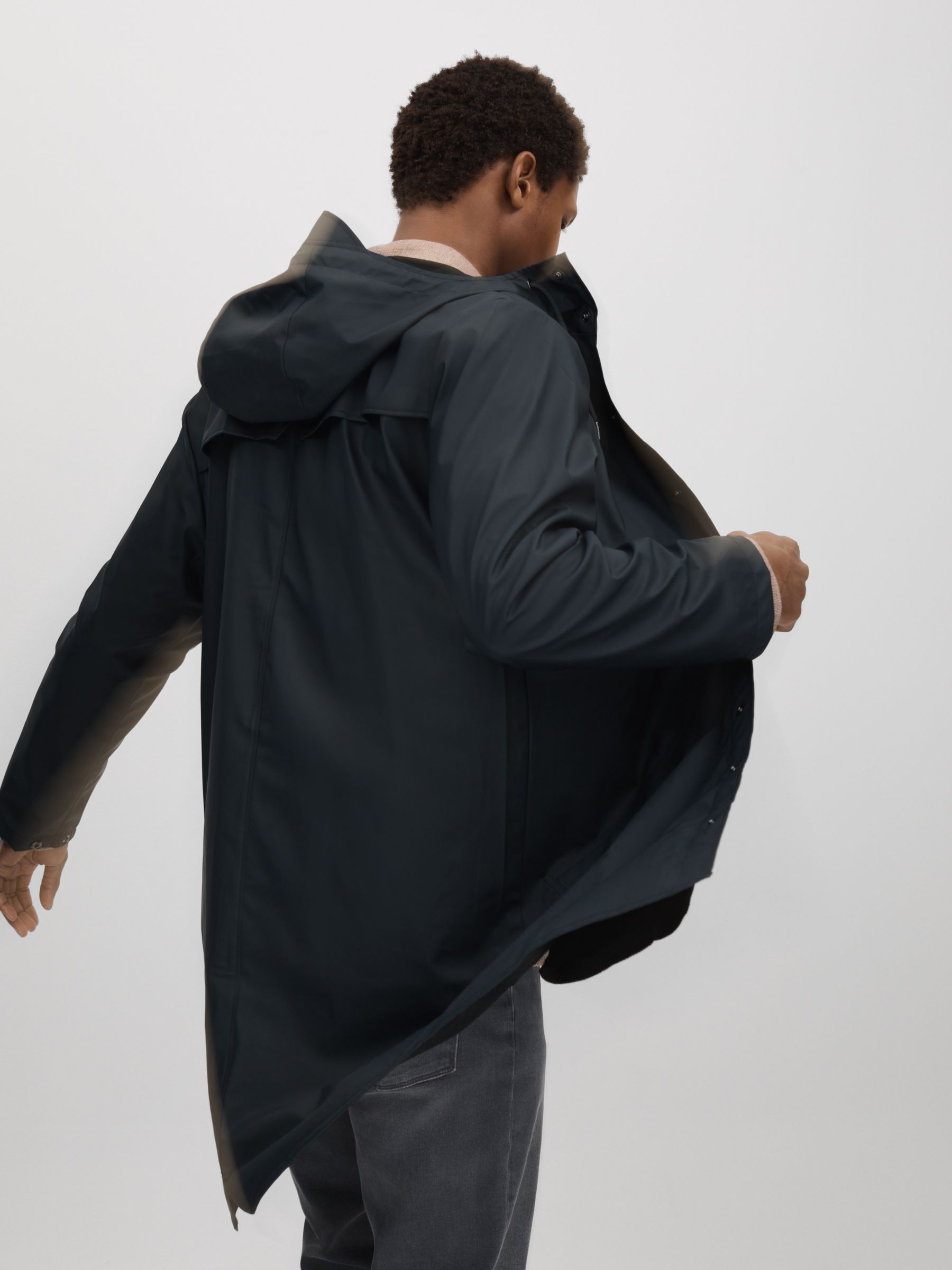Rains Longline Hooded Raincoat in Navy - Image 3 of 7