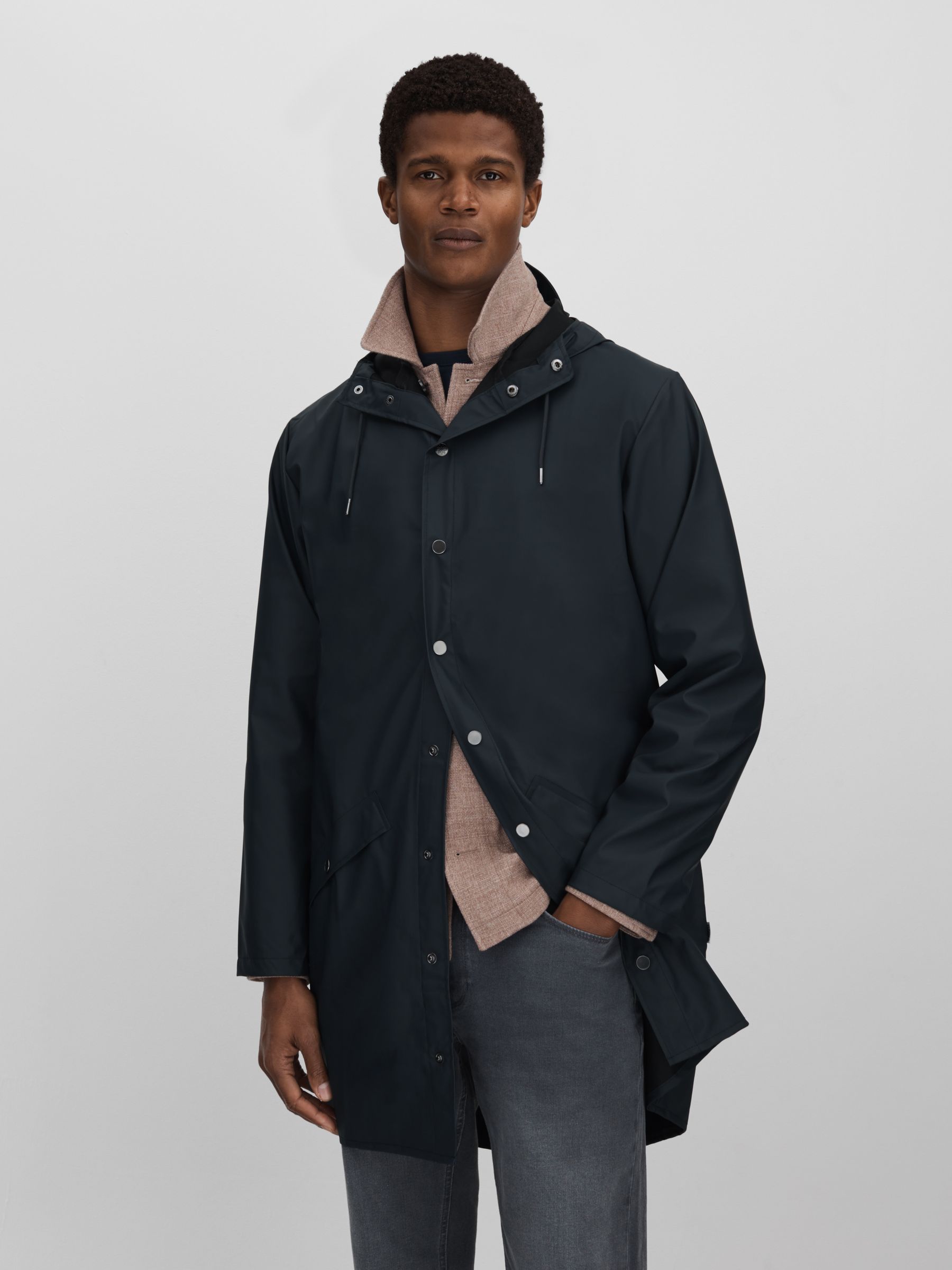 Rains Longline Hooded Raincoat in Navy - Image 4 of 7