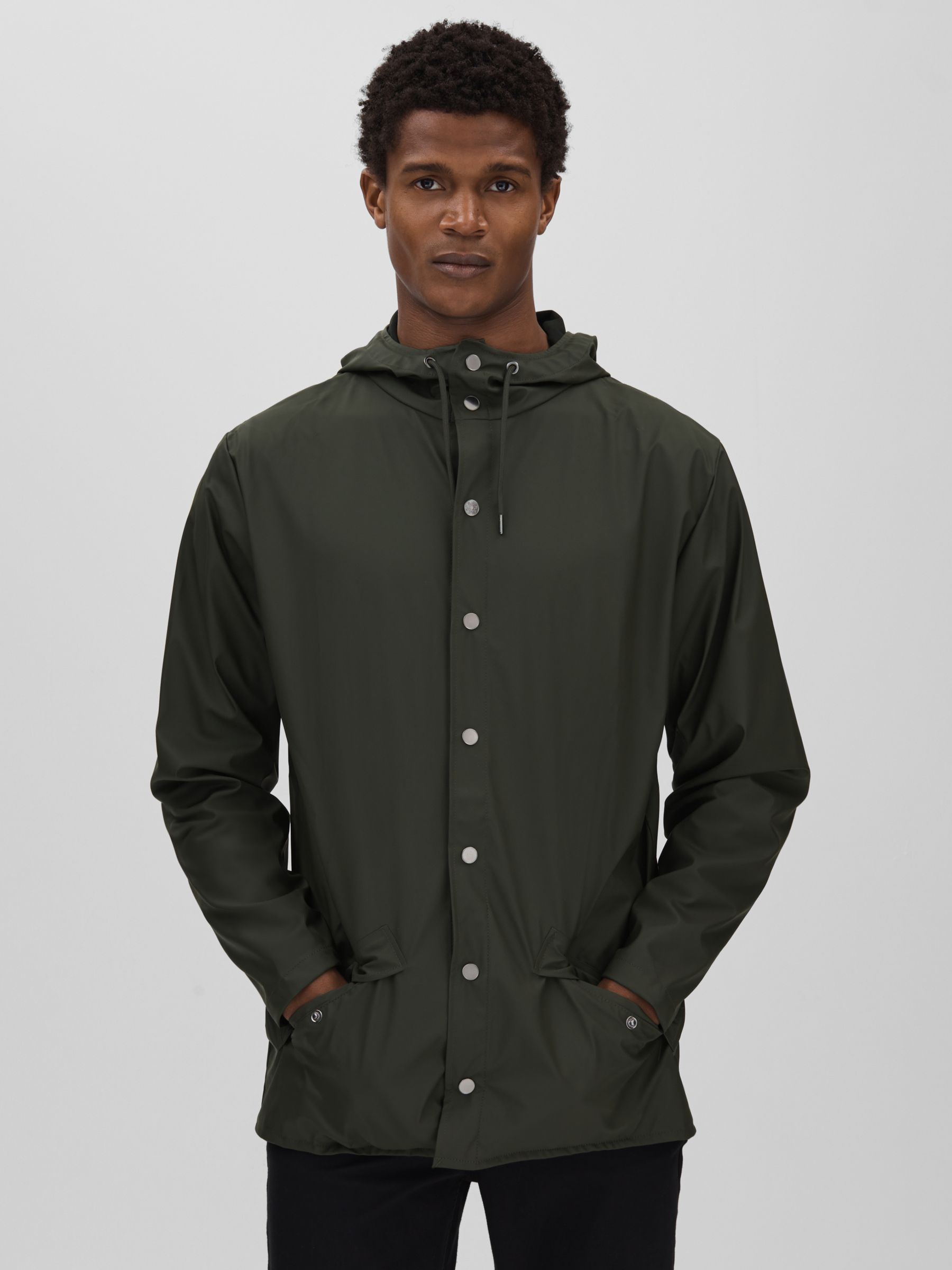 Rains Unisex Hooded Raincoat in Dark Green - Image 1 of 6