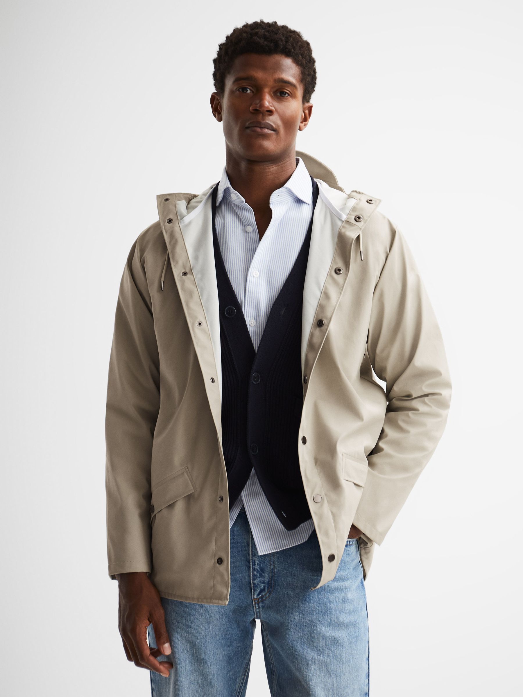 Rains Unisex Hooded Raincoat Jacket in Putty - Image 1 of 5