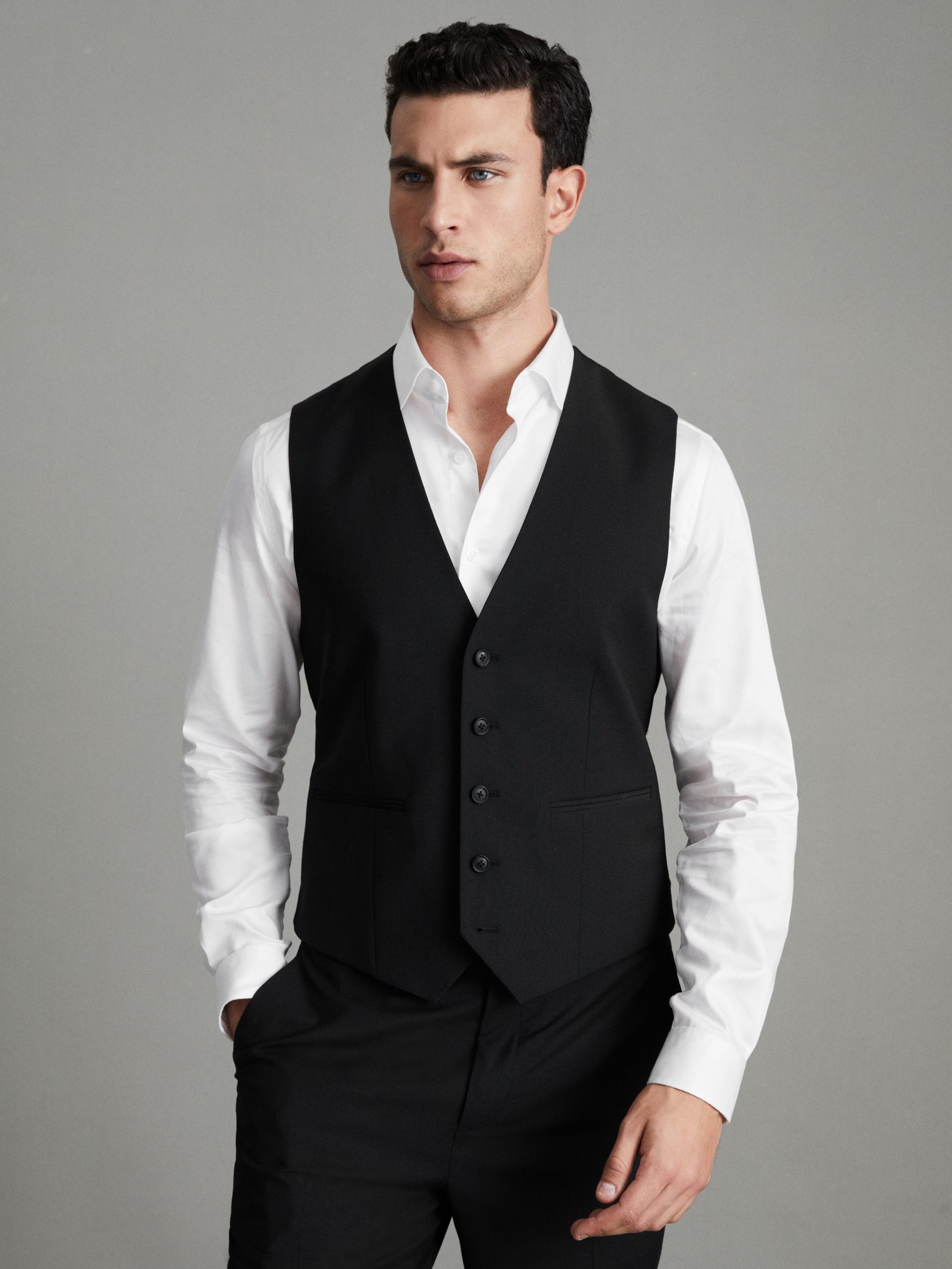 Modern Fit Wool Blend Waistcoat in Black - Image 1 of 8