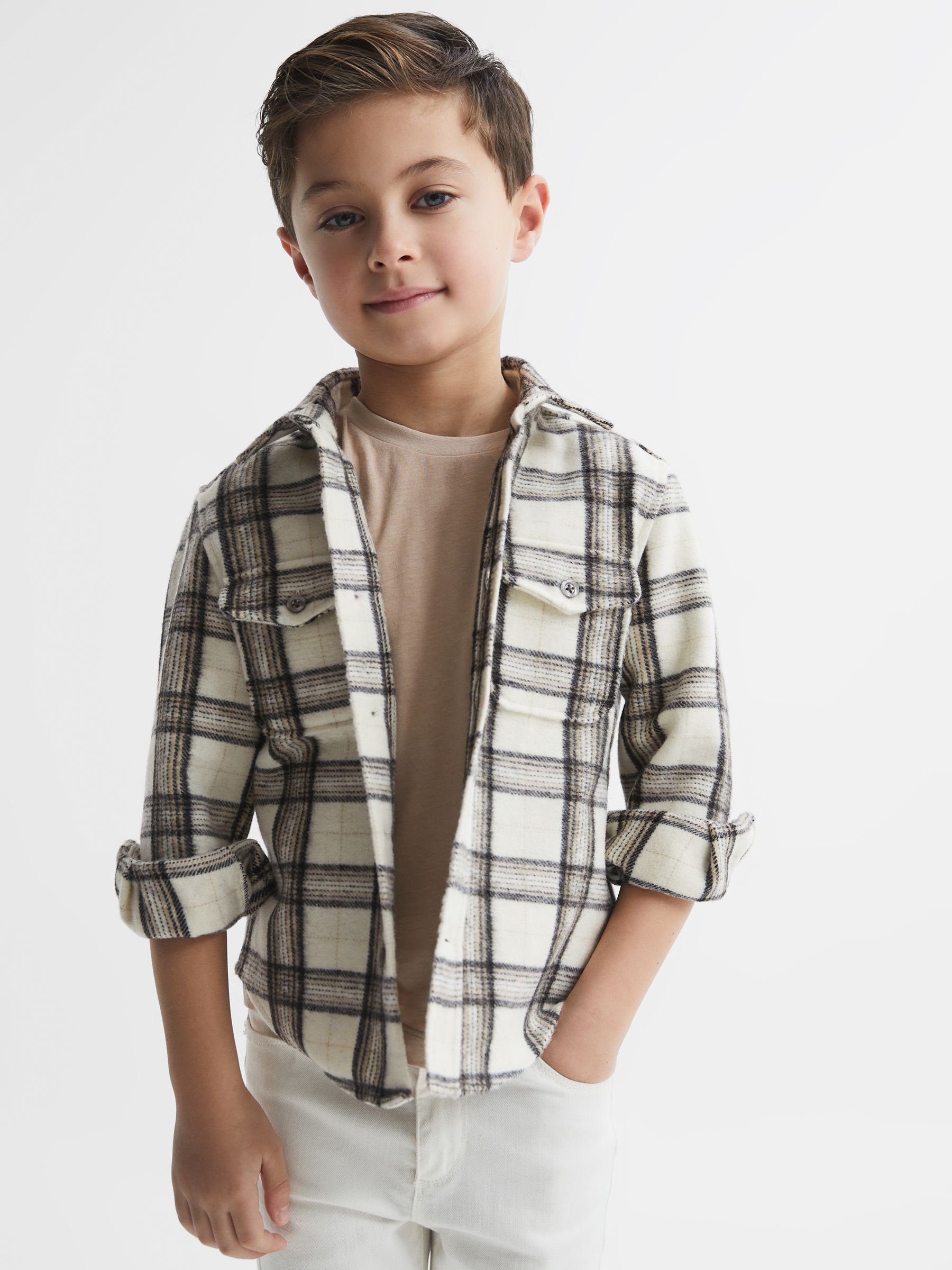 9-12 yrs Long Sleeve Brushed Check Overshirt in Camel - Image 3 of 7