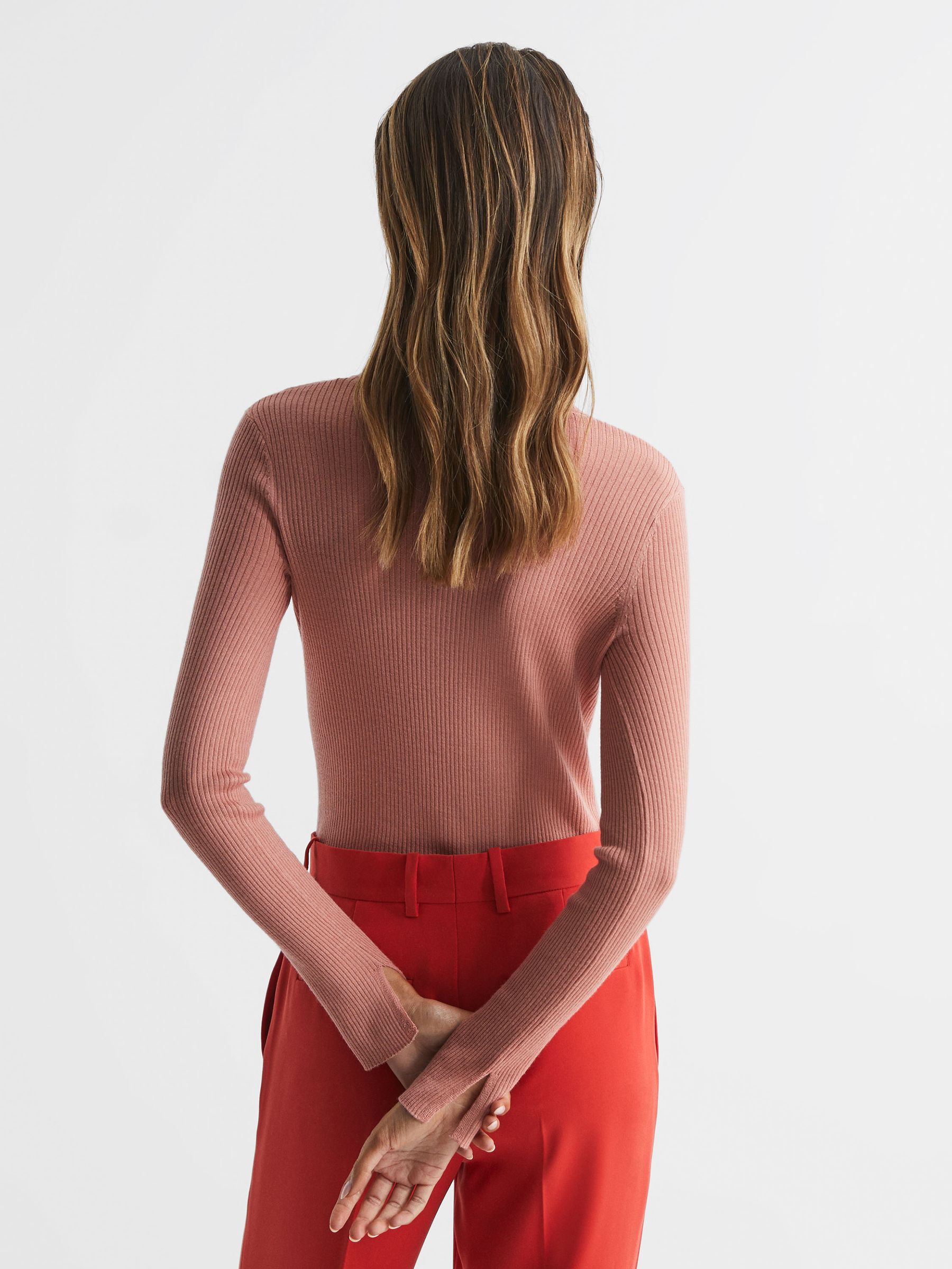 Silk Wool Blend Ribbed Cardigan in Pink - Image 5 of 5