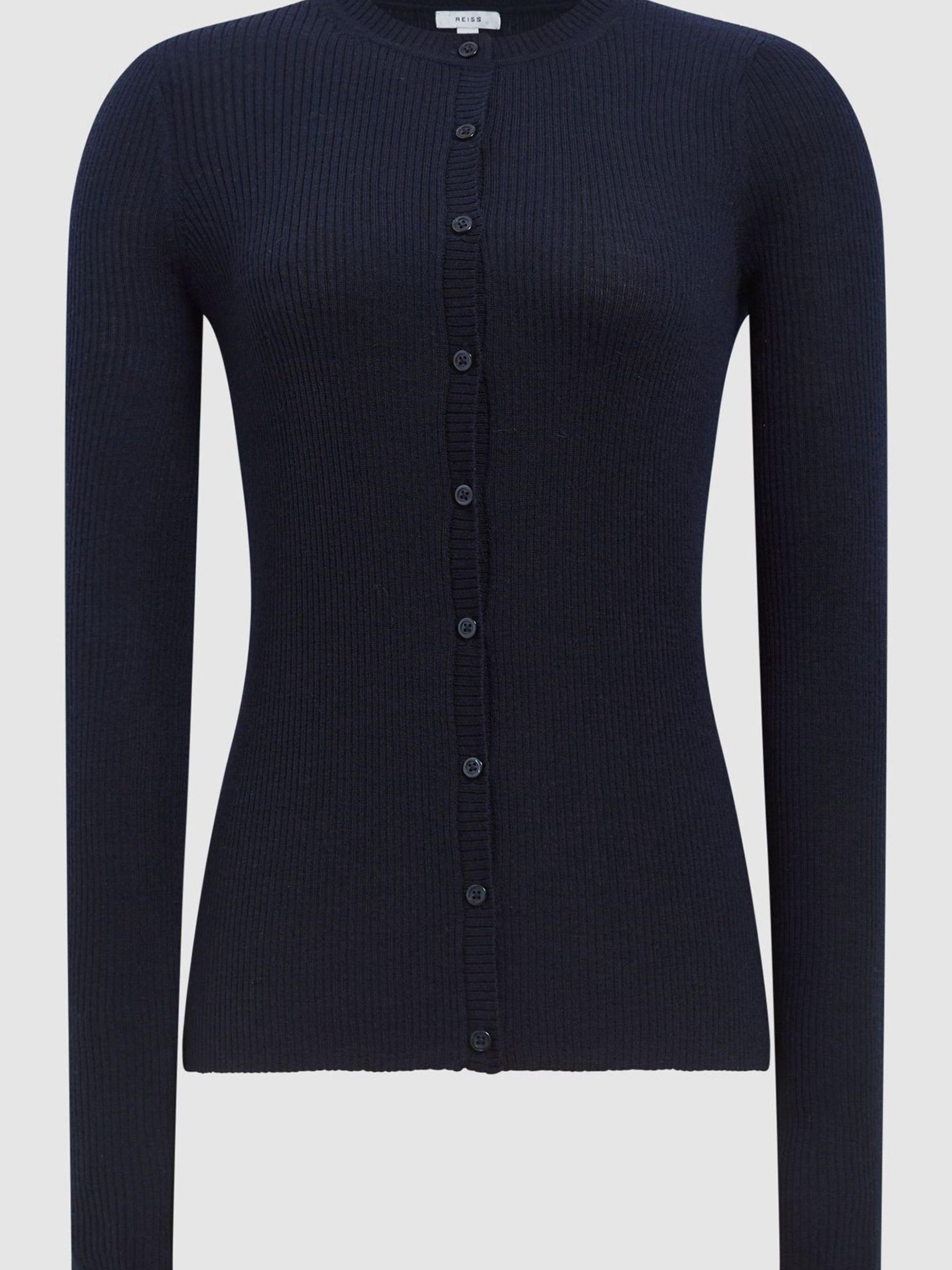 Silk Wool Blend Ribbed Cardigan in Navy - Image 2 of 6 Silk Wool Blend Ribbed Cardigan in Navy - Image 2 of 6