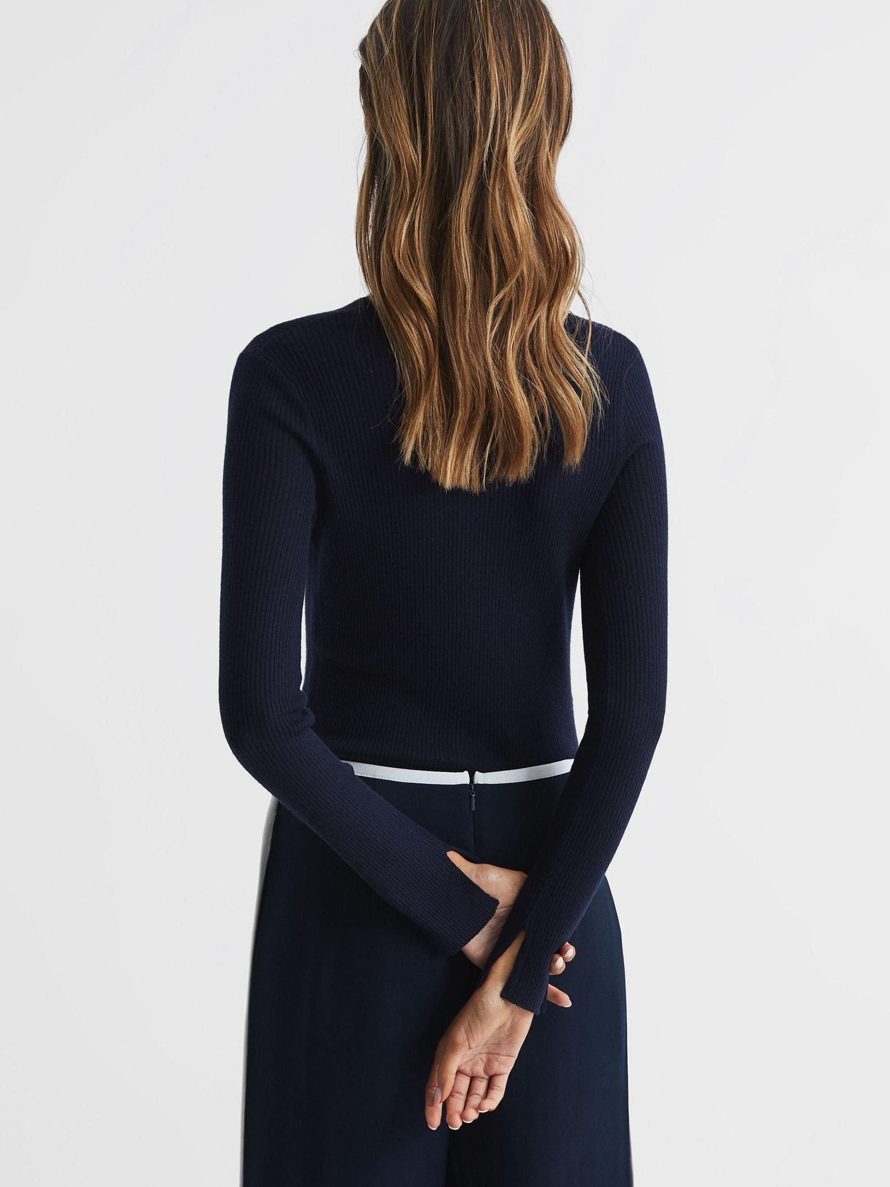 Silk Wool Blend Ribbed Cardigan in Navy - Image 5 of 6