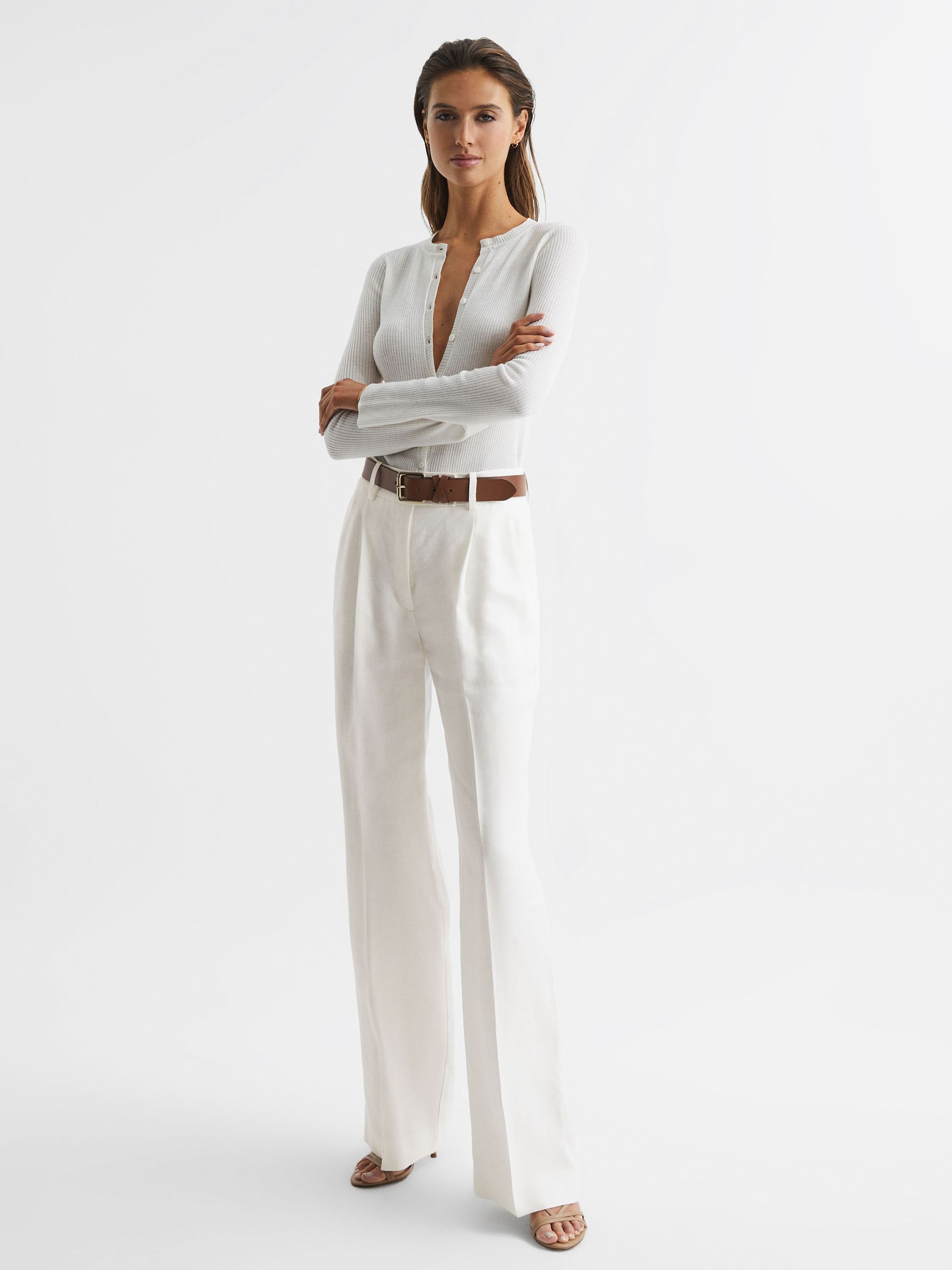 Silk Wool Blend Ribbed Cardigan in Ivory - Image 3 of 6