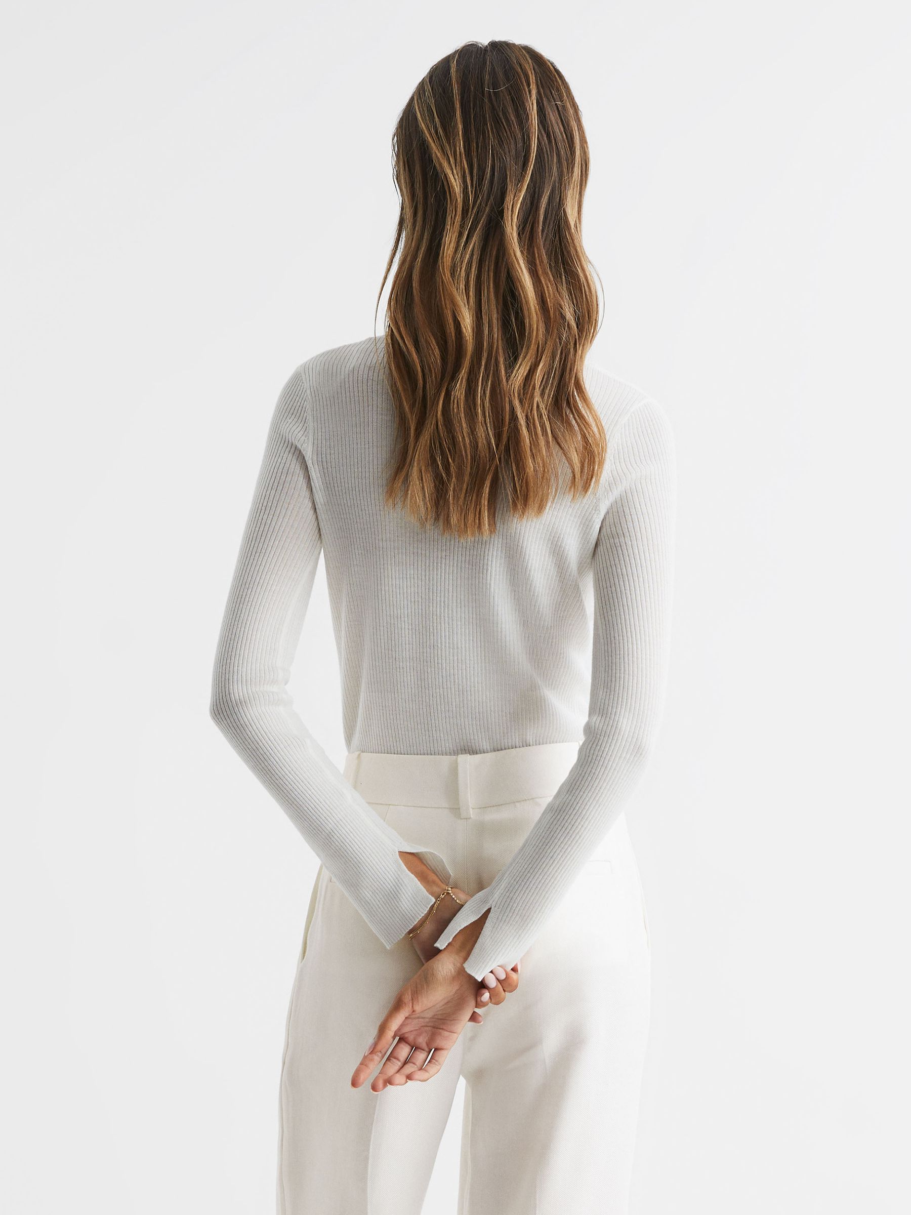 Silk Wool Blend Ribbed Cardigan in Ivory - Image 5 of 6