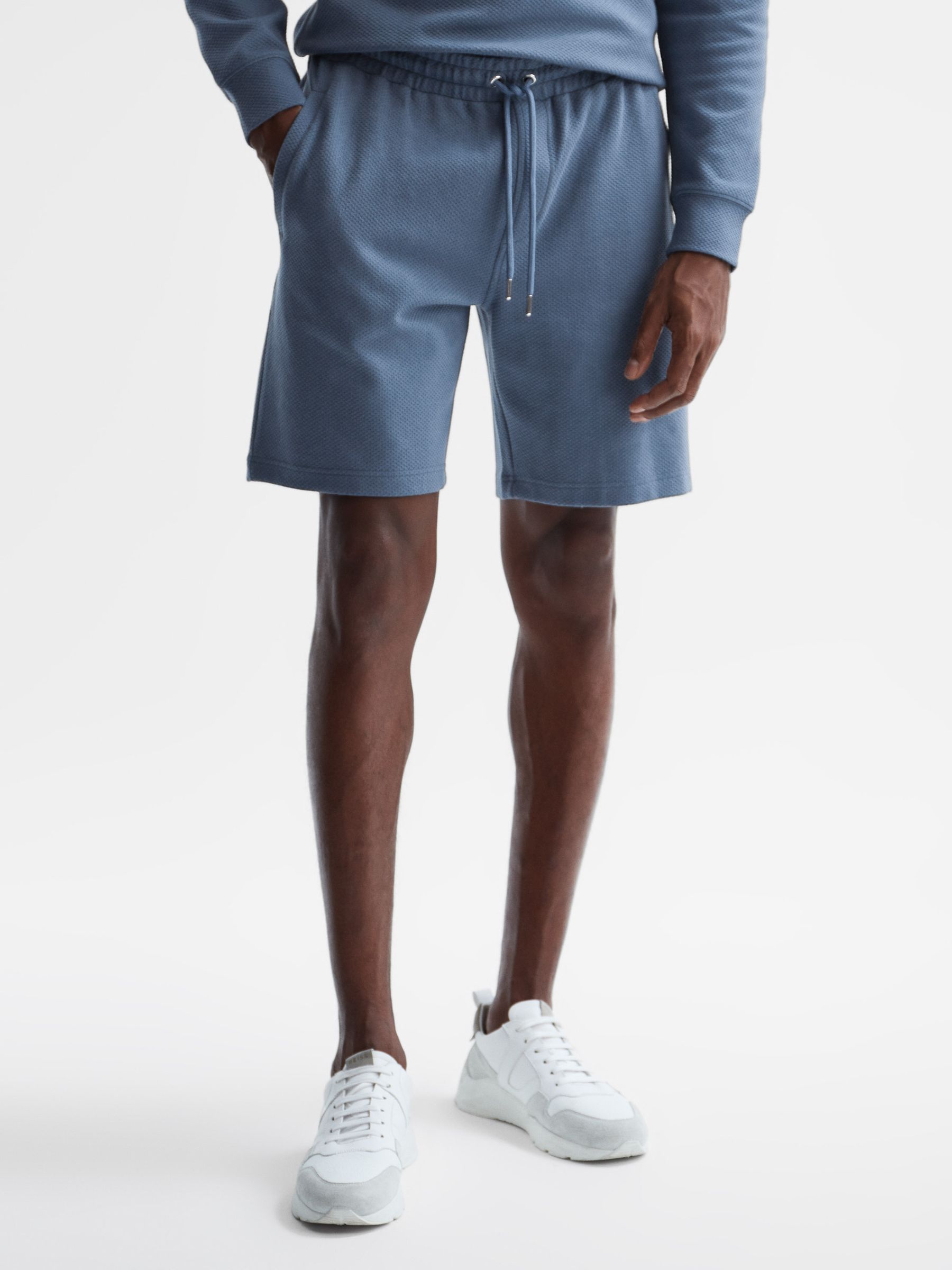 Textured Drawstring Shorts in Airforce Blue - Image 1 of 6 Textured Drawstring Shorts in Airforce Blue - Image 1 of 6