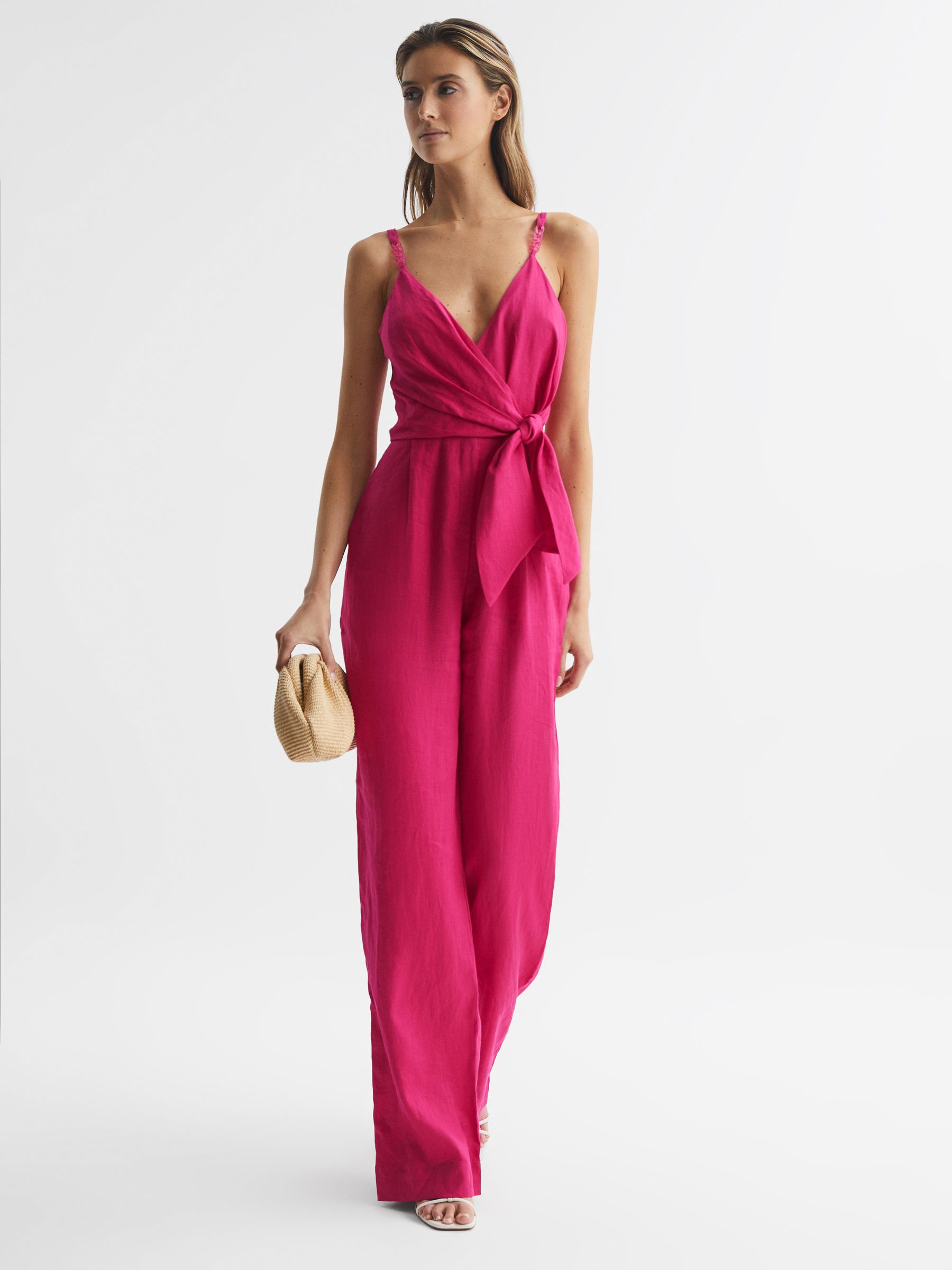 Petite V-Neck Linen Jumpsuit in Pink - Image 1 of 8