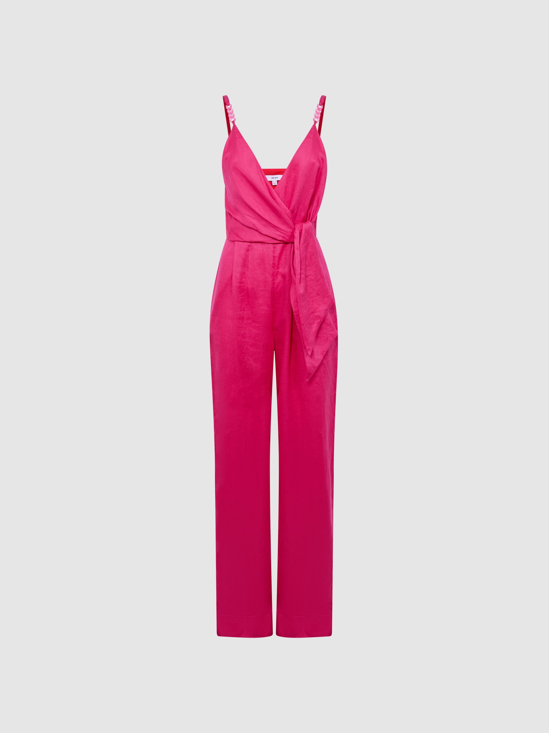 Petite V-Neck Linen Jumpsuit in Pink - Image 2 of 8