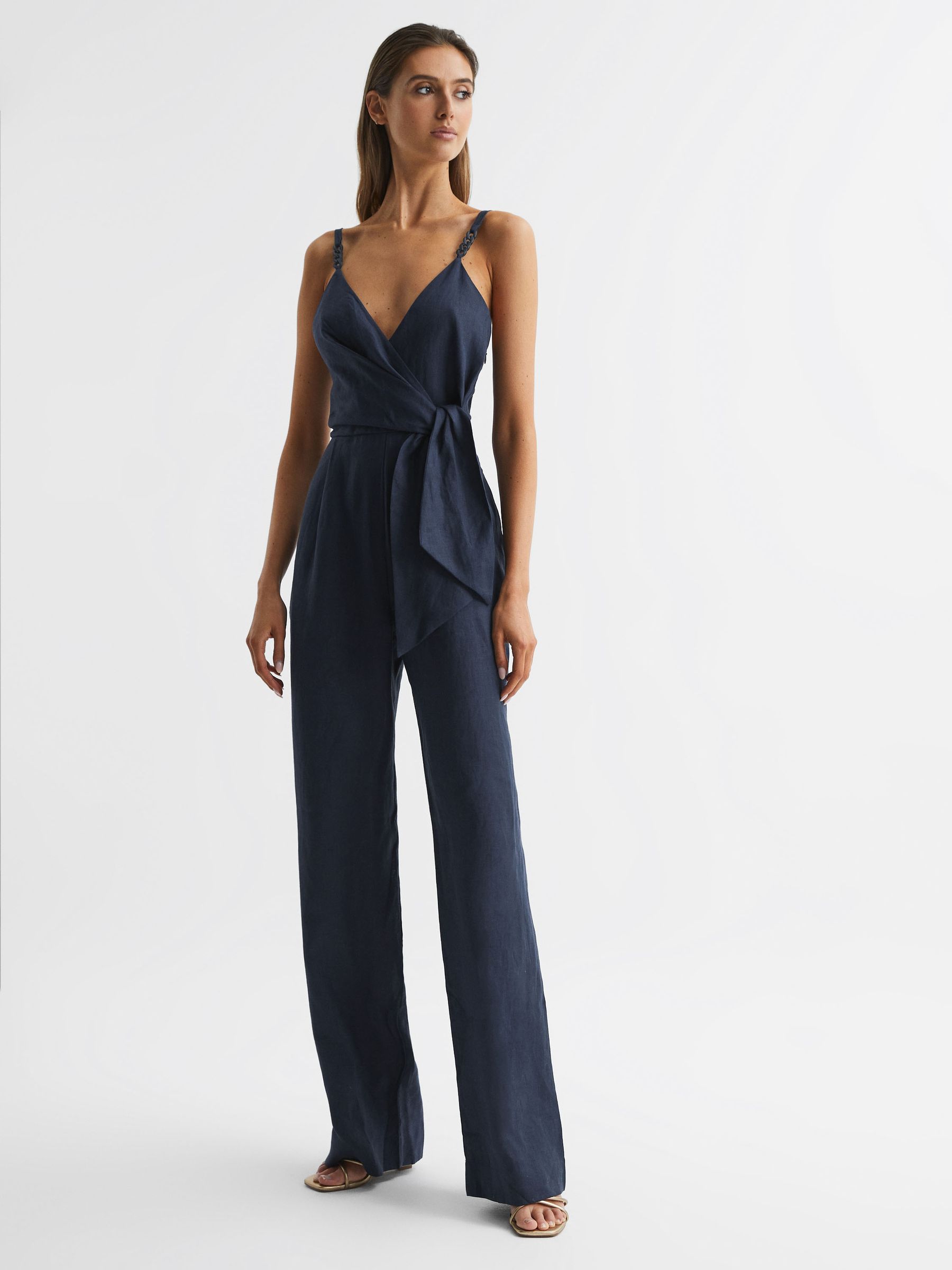 V-Neck Linen Jumpsuit in Navy - Image 1 of 5