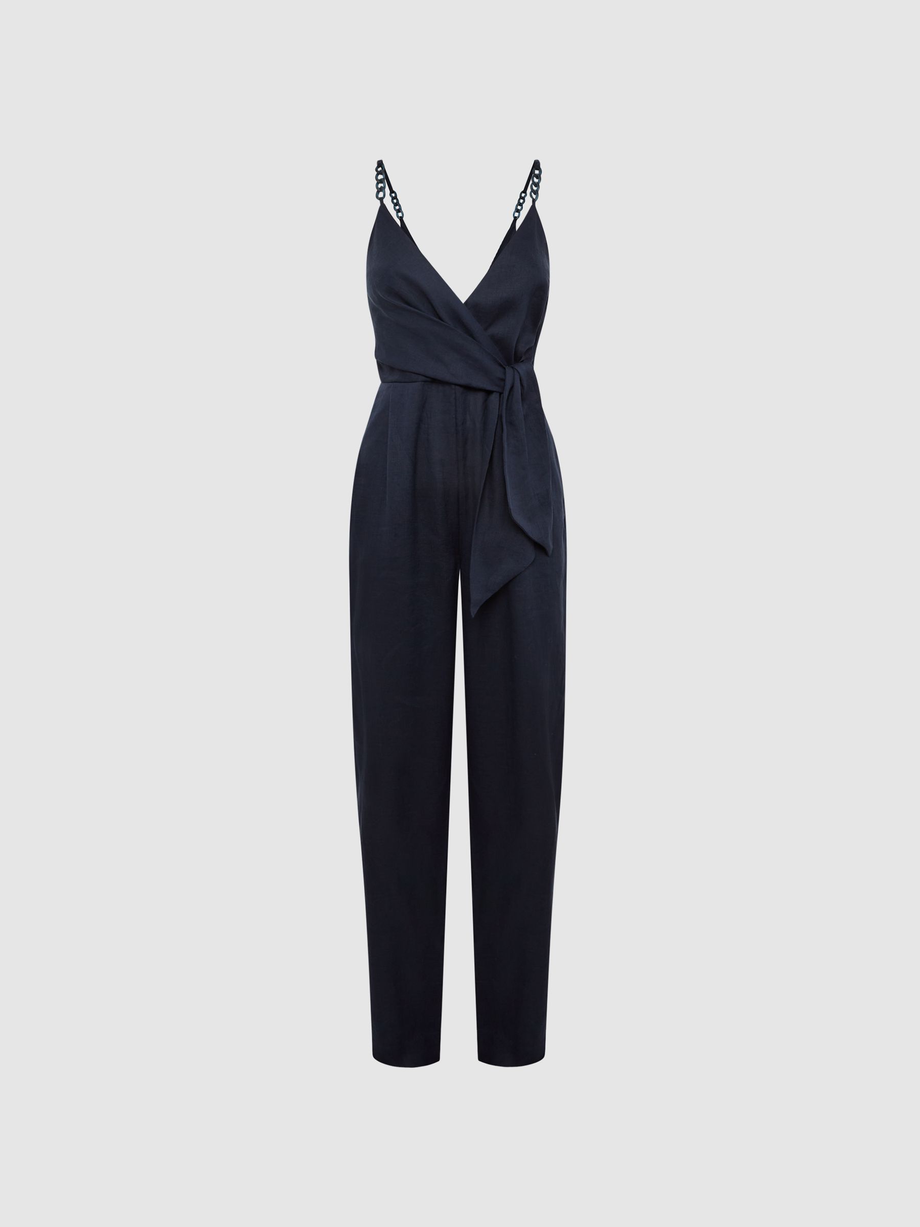 V-Neck Linen Jumpsuit in Navy - Image 2 of 5