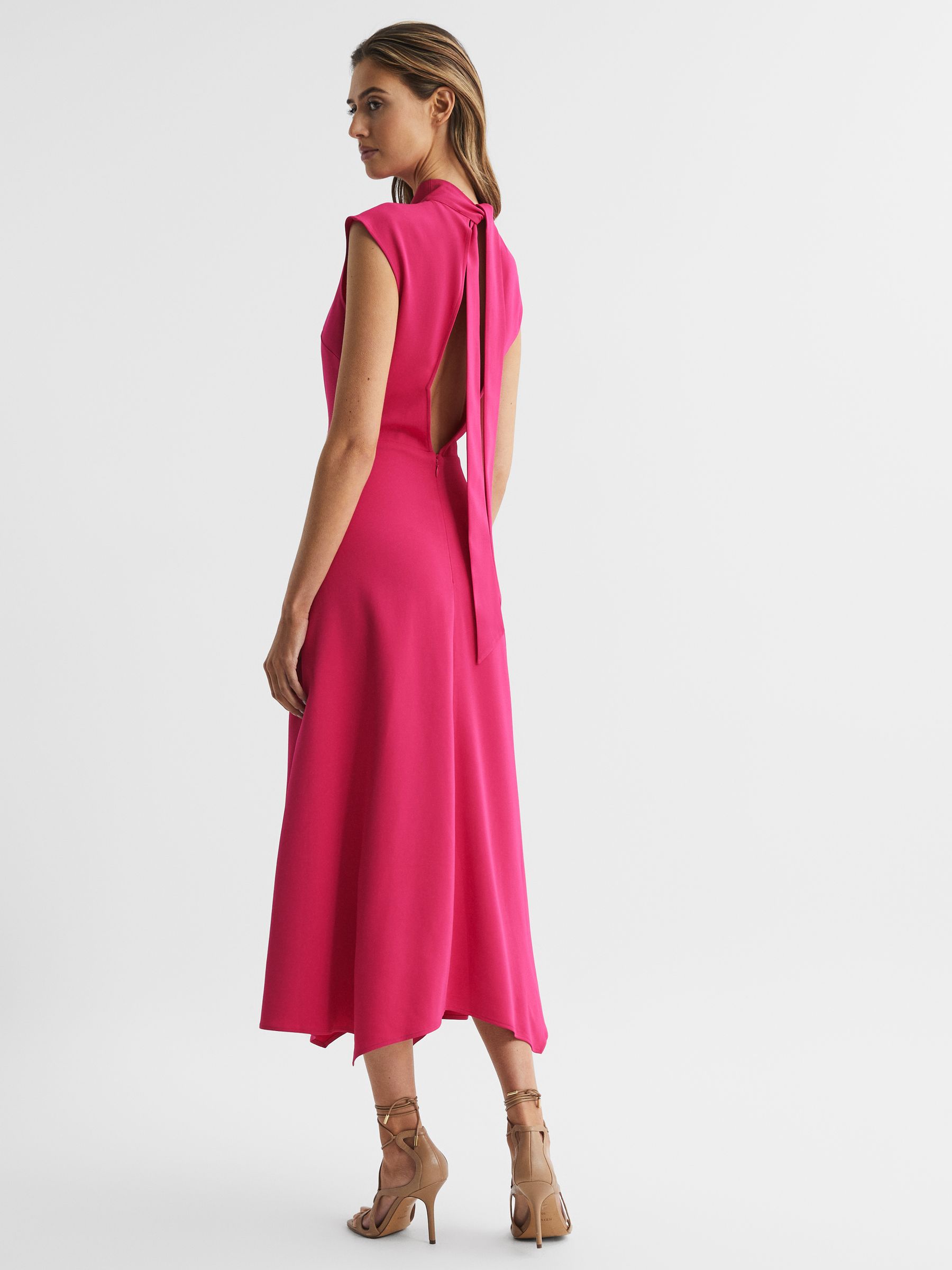 Reiss Petite Open Back Midi Dress in Bright Pink - REISS