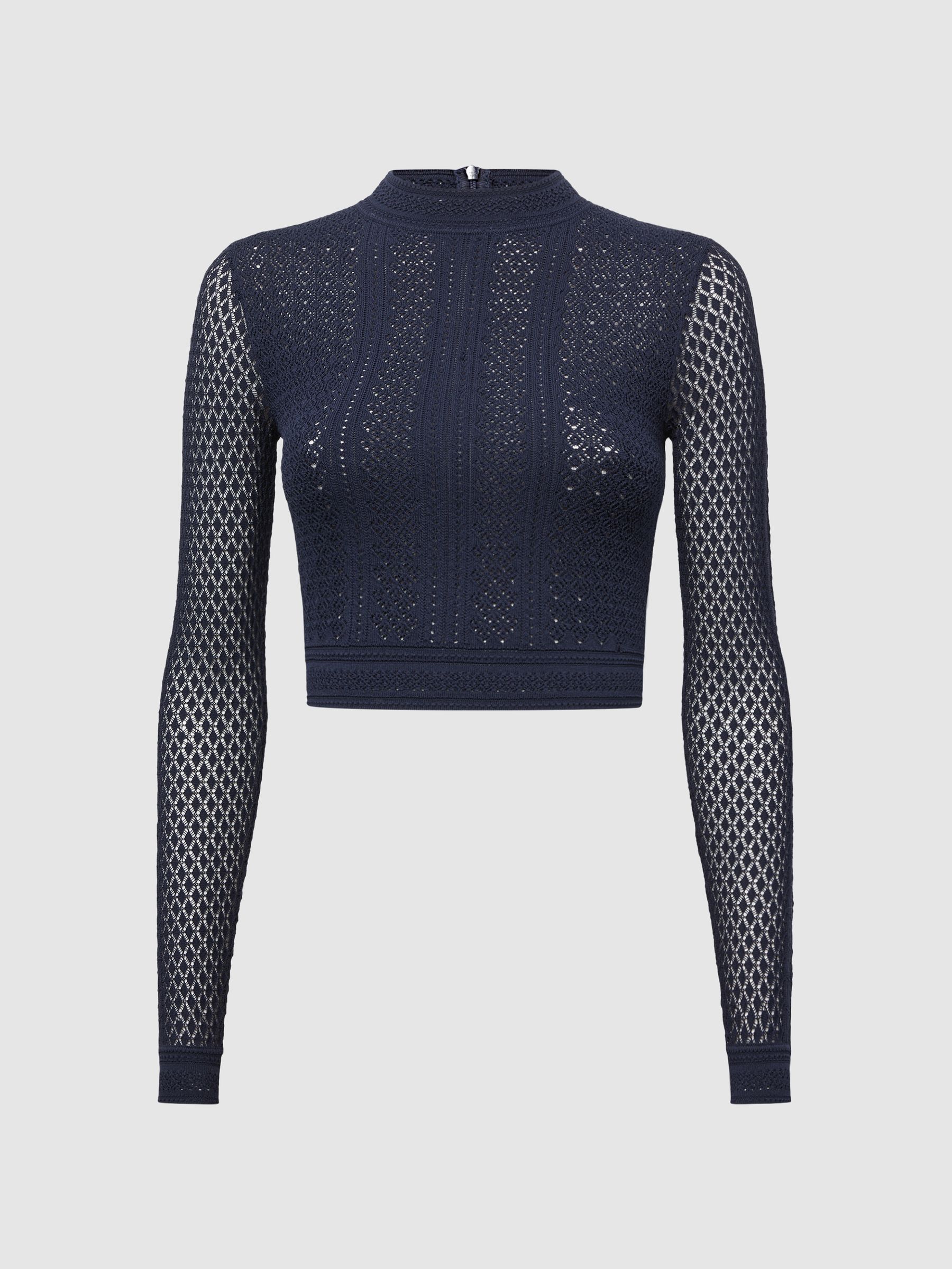 Long Sleeve Crochet Jumper in Navy - Image 2 of 5