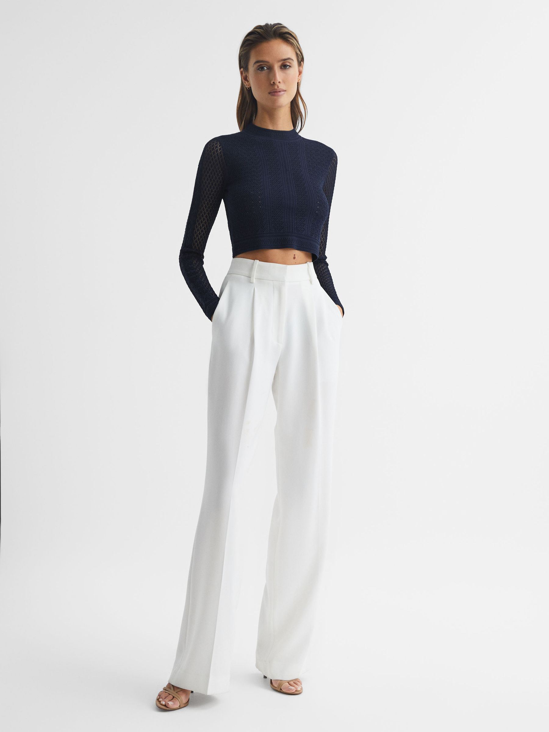 Long Sleeve Crochet Jumper in Navy - Image 3 of 5