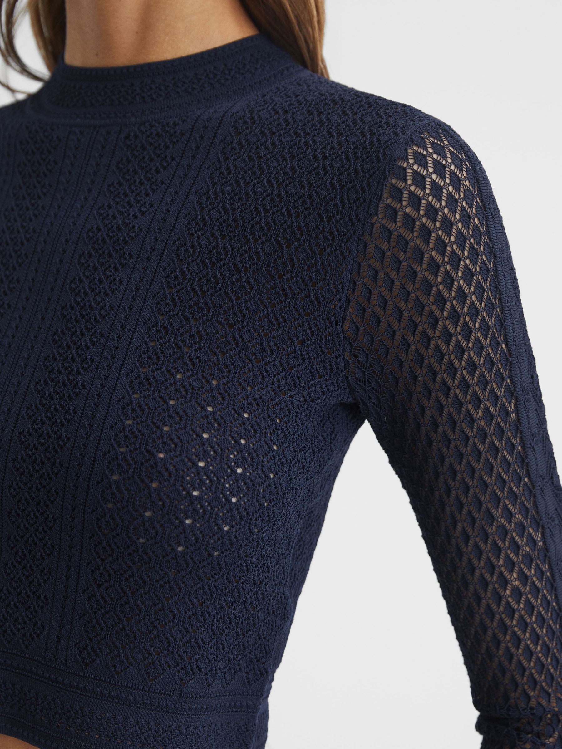 Long Sleeve Crochet Jumper in Navy - Image 4 of 5