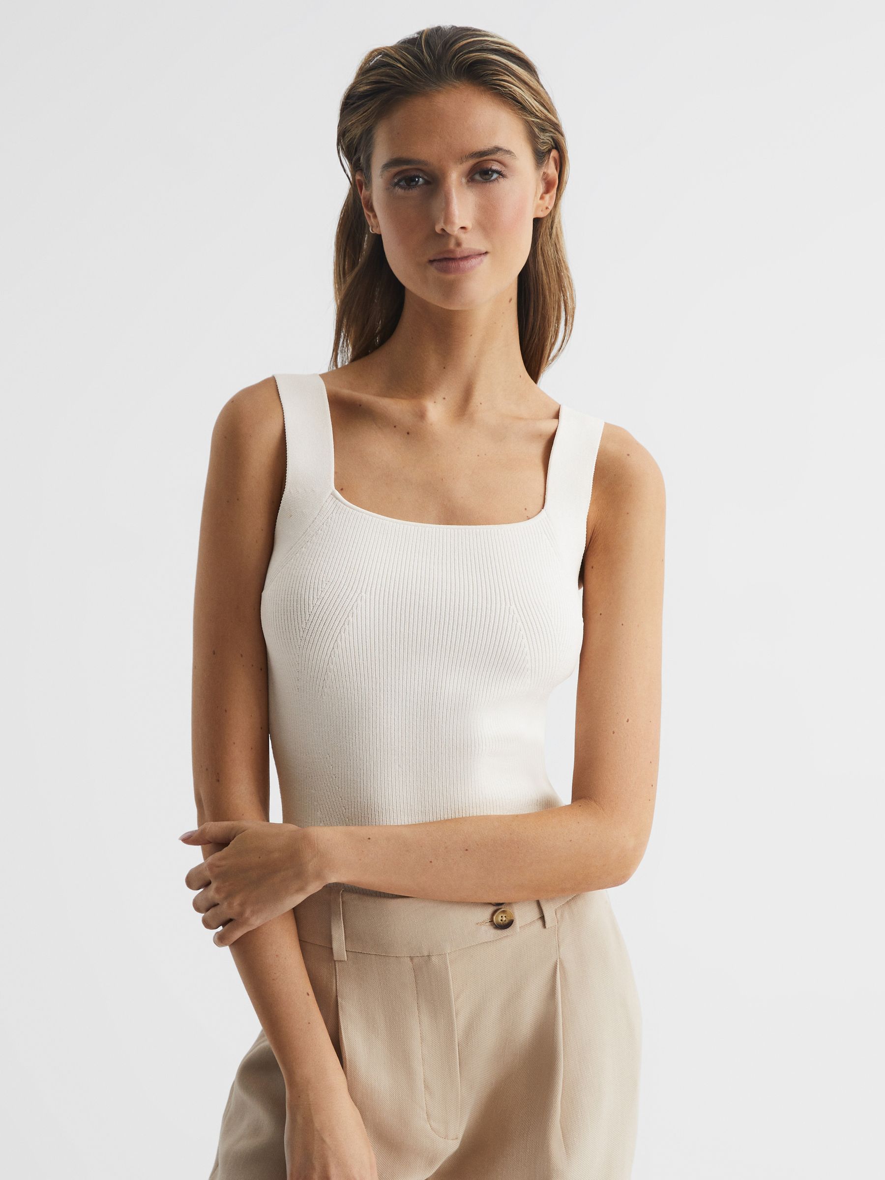 Square Neck Ribbed Vest in White - Image 1 of 6