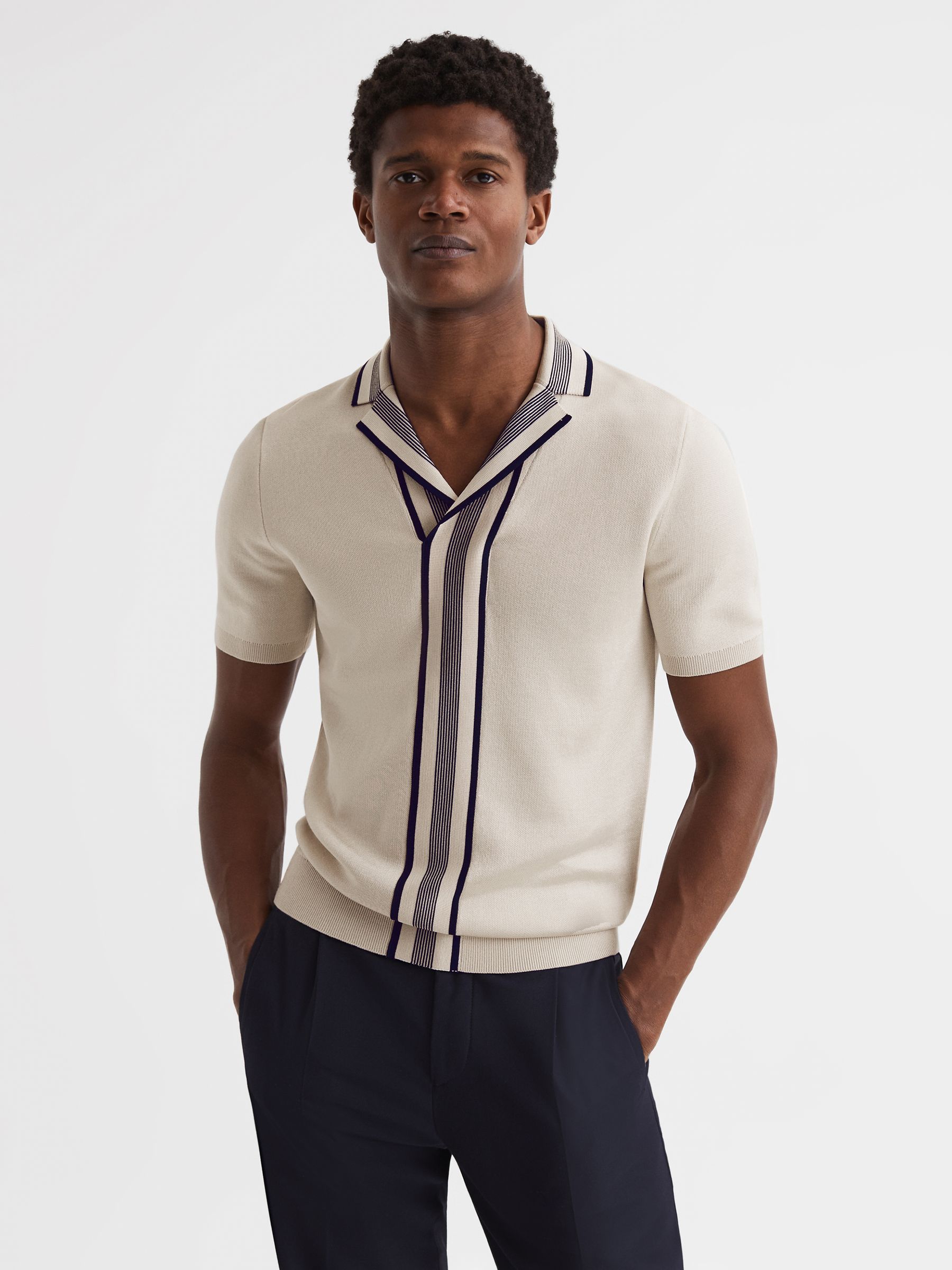 Striped Open Collar Shirt in Ecru - Image 1 of 6