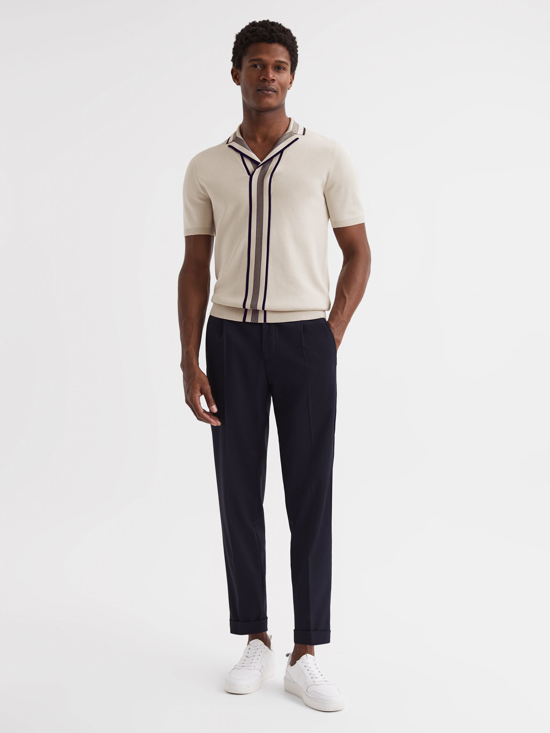 Striped Open Collar Shirt in Ecru - Image 3 of 6