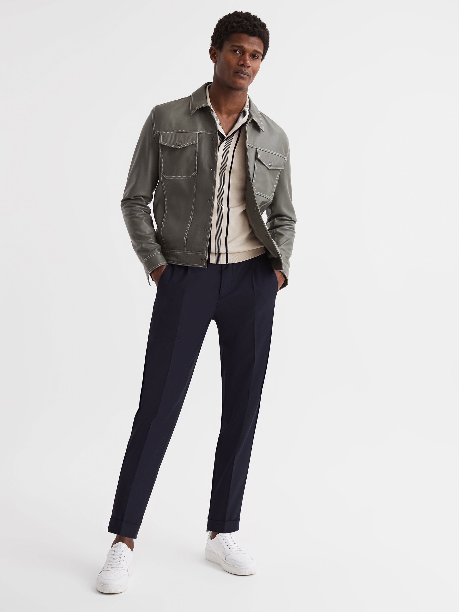 Striped Open Collar Shirt in Ecru - Image 6 of 6