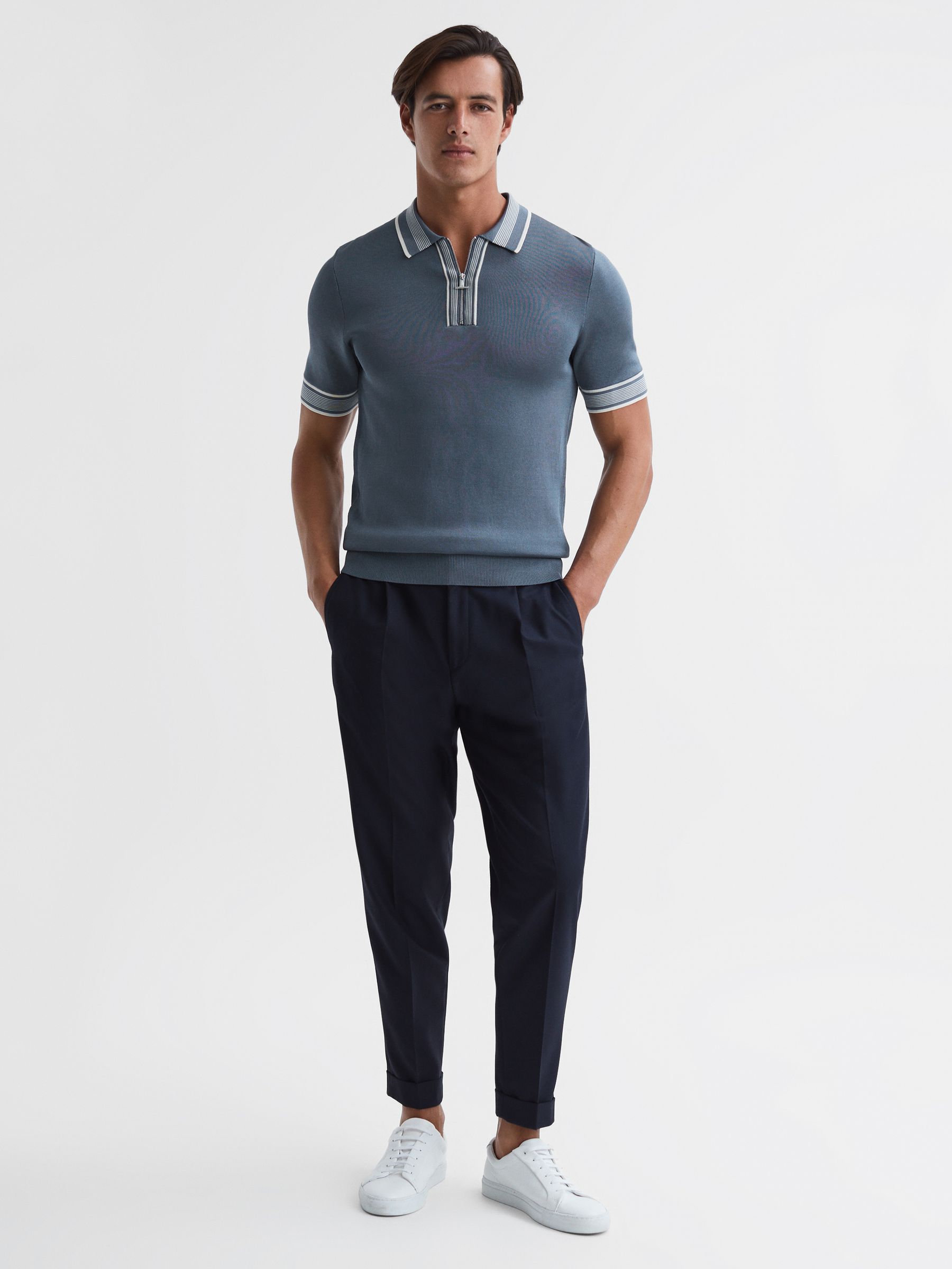 Half-Zip Striped Polo Shirt in Ashley Blue - Image 3 of 7