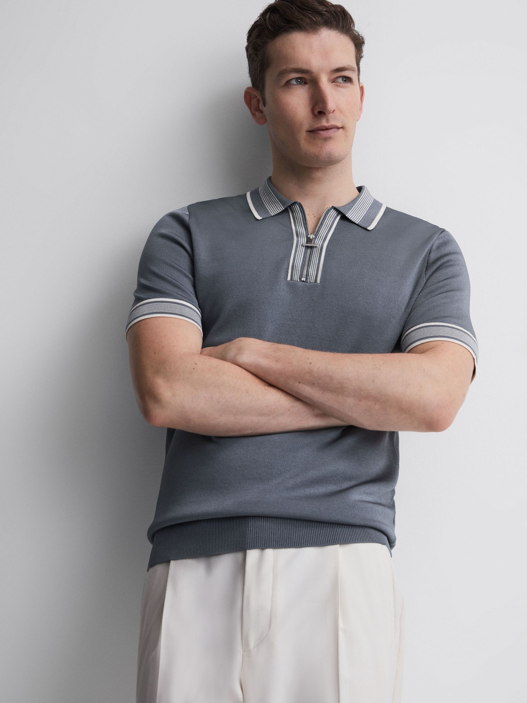 Half-Zip Striped Polo Shirt in Ashley Blue - Image 7 of 7