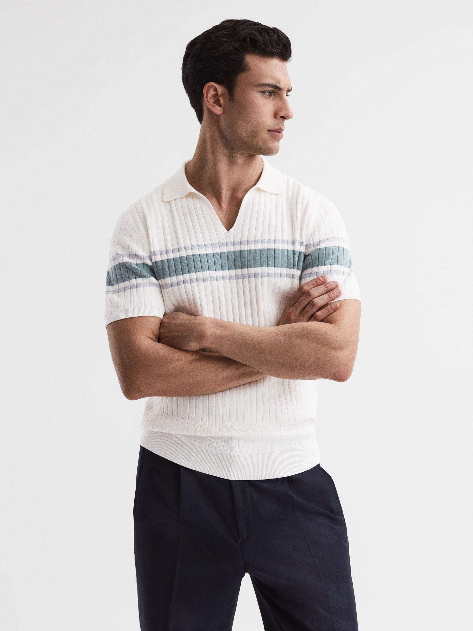 Slim Fit Ribbed Open Collar Shirt in Off White - Image 1 of 5